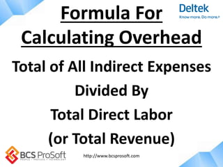 http://www.bcsprosoft.com
Total of All Indirect Expenses
Divided By
Total Direct Labor
(or Total Revenue)
Formula For
Calculating Overhead
 