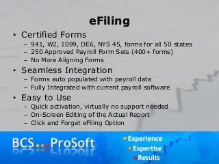 eFiling
• Certified Forms
– 941, W2, 1099, DE6, NYS 45, forms for all 50 states
– 250 Approved Payroll Form Sets (400+ forms)
– No More Aligning Forms
• Seamless Integration
– Forms auto populated with payroll data
– Fully Integrated with current payroll software
• Easy to Use
– Quick activation, virtually no support needed
– On-Screen Editing of the Actual Report
– Click and Forget eFiling Option
 