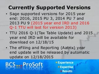 Currently Supported Versions
• Sage supported versions for 2015 year
end: 2016, 2015 PU 3, 2014 PU 7 and
2013 PU 9 (2015 year end IRD and 2016
Q-1 TTU will last for version 2013)
• TTU 2016 Q-1(Tax Table Update) and 2015
year end IRD will be available for
download on 12/18/15
• The eFiling and Reporting (Aatrix) year
end update will be released by automatic
update on 12/18/2015
 
