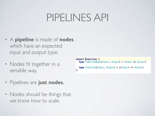 PIPELINES API 
• A pipeline is made of nodes 
which have an expected 
input and output type. 
• Nodes fit together in a 
sensible way. 
• Pipelines are just nodes. 
• Nodes should be things that 
we know how to scale. 
 
