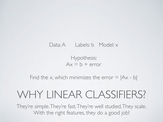 Data: A Labels: b Model: x 
Hypothesis: 
Ax = b + error 
Find the x, which minimizes the error = |Ax - b| 
WHY LINEAR CLASSIFIERS? 
They’re simple. They’re fast. They’re well studied. They scale. 
With the right features, they do a good job! 
 
