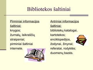 Bibliotekos šaltiniai
Pirminiai informacijos
šaltiniai:
knygos;
žurnalų, laikraščių
straipsniai;
pirminiai šaltiniai
internete.
Antriniai informacijos
šaltiniai:
bibliotekų katalogai,
kartotekos;
enciklopedijos,
žodynai, žinynai;
referatai, rodyklės;
duomenų bazės.
 