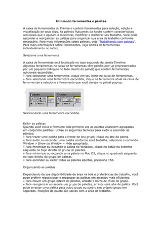 Utilizando ferramentas e paletas
A caixa de ferramentas do Premiere contém ferramentas para seleção, edição e
visualização de seus clips. As paletas flutuantes da Adobe contém características
adicionais que o ajudam a monitorar, modificar e melhorar seu trabalho. Você pode
esconder e reorganizar as paletas para organizar sua área de trabalho conforme
necessário. Para mais informações sobre paletas, veja "Trabalhando com paletas".
Para mais informações sobre ferramentas, veja nomes de ferramentas
individualmente no índice.
Selecione uma ferramenta
A caixa de ferramenta está localizada no topo esquerdo da janela Timeline.
Algumas ferramentas na caixa de ferramentas têm painéis pop-up (representados
por um pequeno triângulo no lado direito do painel) que contém ferramentas
adicionais escondidas.
• Para selecionar uma ferramenta, clique em seu ícone na caixa de ferramentas.
• Para selecionar uma ferramenta escondida, clique na ferramenta atual na caixa de
ferramentas e selecione a ferramenta que você deseja no painel pop-up.
Selecionando uma ferramenta escondida
Exibir as paletas
Quando você inicia o Premiere pela primeira vez as paletas aparecem agrupadas
em conjuntos padrões. Utilize as seguintes técnicas para exibir e esconder as
paletas:
• Para trazer uma paleta para a frente de seu grupo, clique na aba da paleta.
• Para exibir ou esconder uma paleta conforme você trabalha, selecione o comando
Window > Show ou Window > Hide apropriado.
• Para minimizar ou expandir a paleta no Windows, clique no botão na extrema
esquerda no topo direito do grupo de paletas.
• Para minimizar ou expandir uma paleta no Mac OS, clique no quadrado esquerdo
no topo direito do grupo de paletas.
• Para esconder ou exibir todas as paletas abertas, pressione TAB.
Organizando as paletas
Dependendo de sua disponibilidade de área na tela e preferências de trabalho, você
pode preferir reposicionar e reagrupar as paletas em arranjos mais eficientes.
• Para mover um grupo inteiro de paletas, arraste a barra de título do grupo.
• Para reorganizar ou separa um grupo de paletas, arraste uma aba de paleta. Você
pdoe arrastar uma paleta para outro grupo ou para o seu próprio grupo em
separado. Posições de paleta são salvas com a área de trabalho.
 