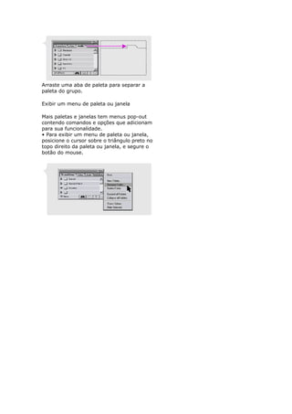 Arraste uma aba de paleta para separar a
paleta do grupo.
Exibir um menu de paleta ou janela
Mais paletas e janelas tem menus pop-out
contendo comandos e opções que adicionam
para sua funcionalidade.
• Para exibir um menu de paleta ou janela,
posicione o cursor sobre o triângulo preto no
topo direito da paleta ou janela, e segure o
botão do mouse.
 