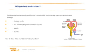 Why review medications?
Some medications can impair renal function? Can you think of any that you have come across in your
training?
• Contrast media
• ACE Inhibitor/ Angiotensin receptor blocker
• NSAIDs
• Diuretics
How do these effect your kidneys/ kidney function?
Acute Kidney Injury Year Three
 
