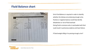 Fluid Balance chart
Strict Fluid Balance is required in order to identify
whether the kidneys are producing enough urine.
Positive or negative balance could help identify
dehydration or risk of fluid overload
Giving fluid to someone who is overloaded with fluid
could result in pulmonary oedema and heart failure.
If David weighs 85Kg is he passing enough urine?
Acute Kidney Injury Year Three
 