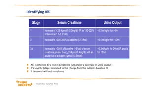 Identifying AKI
AKI is detected by a rise in Creatinine (Cr) and/or a decrease in urine output
It’s severity (stage) is related to the change from the patients baseline Cr
It can occur without symptoms
Acute Kidney Injury Year Three
 