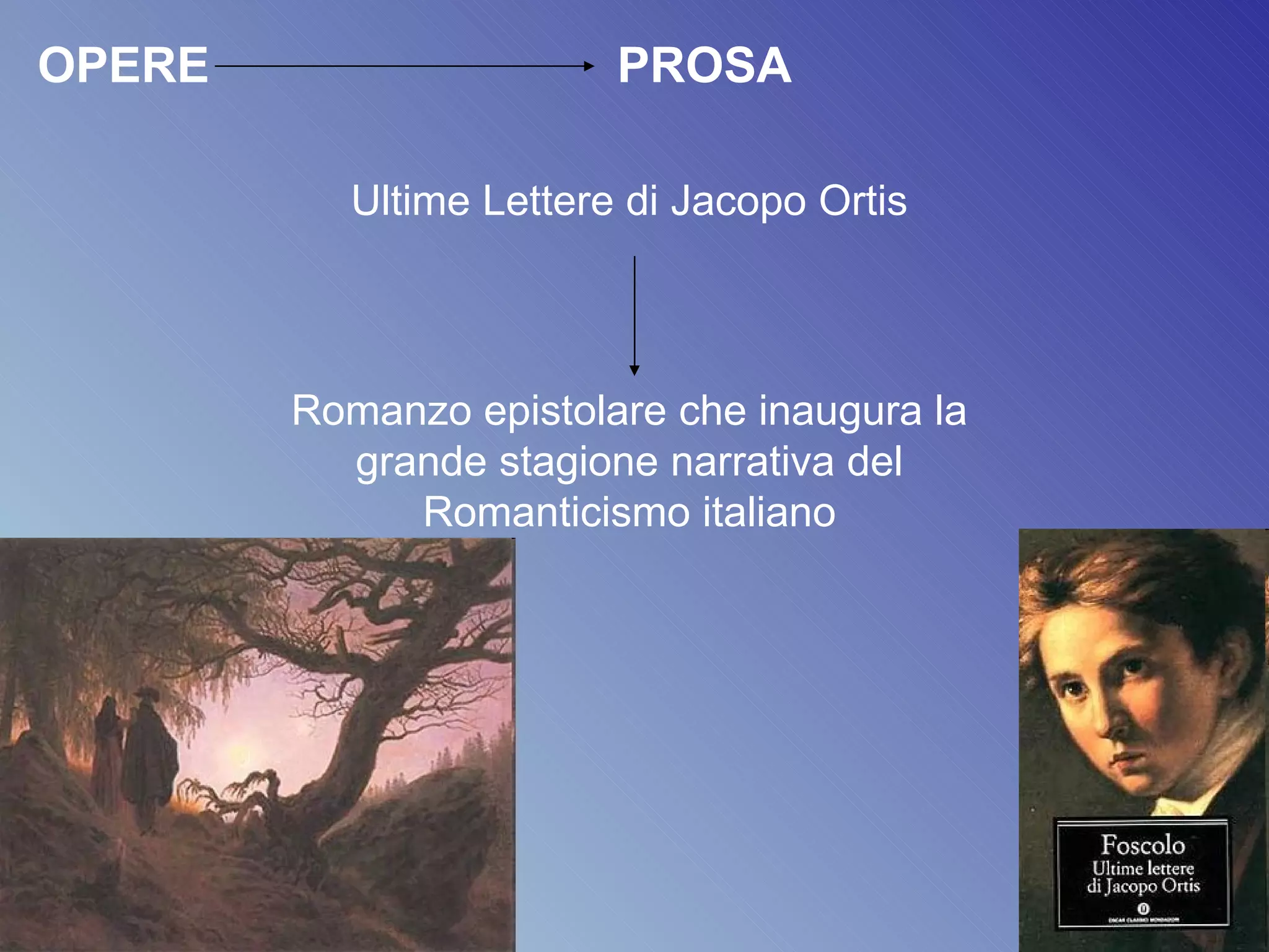 OPERE PROSA Ultime Lettere di Jacopo Ortis Romanzo epistolare che inaugura la grande stagione narrativa del Romanticismo italiano 