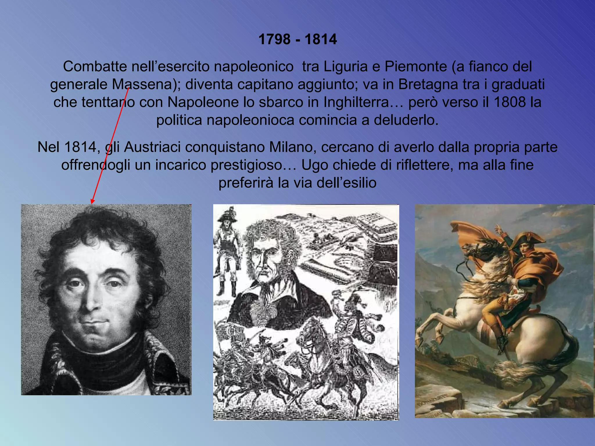 1798 - 1814 Combatte nell’esercito napoleonico  tra Liguria e Piemonte (a fianco del generale Massena); diventa capitano aggiunto; va in Bretagna tra i graduati che tenttano con Napoleone lo sbarco in Inghilterra… però verso il 1808 la politica napoleonioca comincia a deluderlo. Nel 1814, gli Austriaci conquistano Milano, cercano di averlo dalla propria parte offrendogli un incarico prestigioso… Ugo chiede di riflettere, ma alla fine preferirà la via dell’esilio 