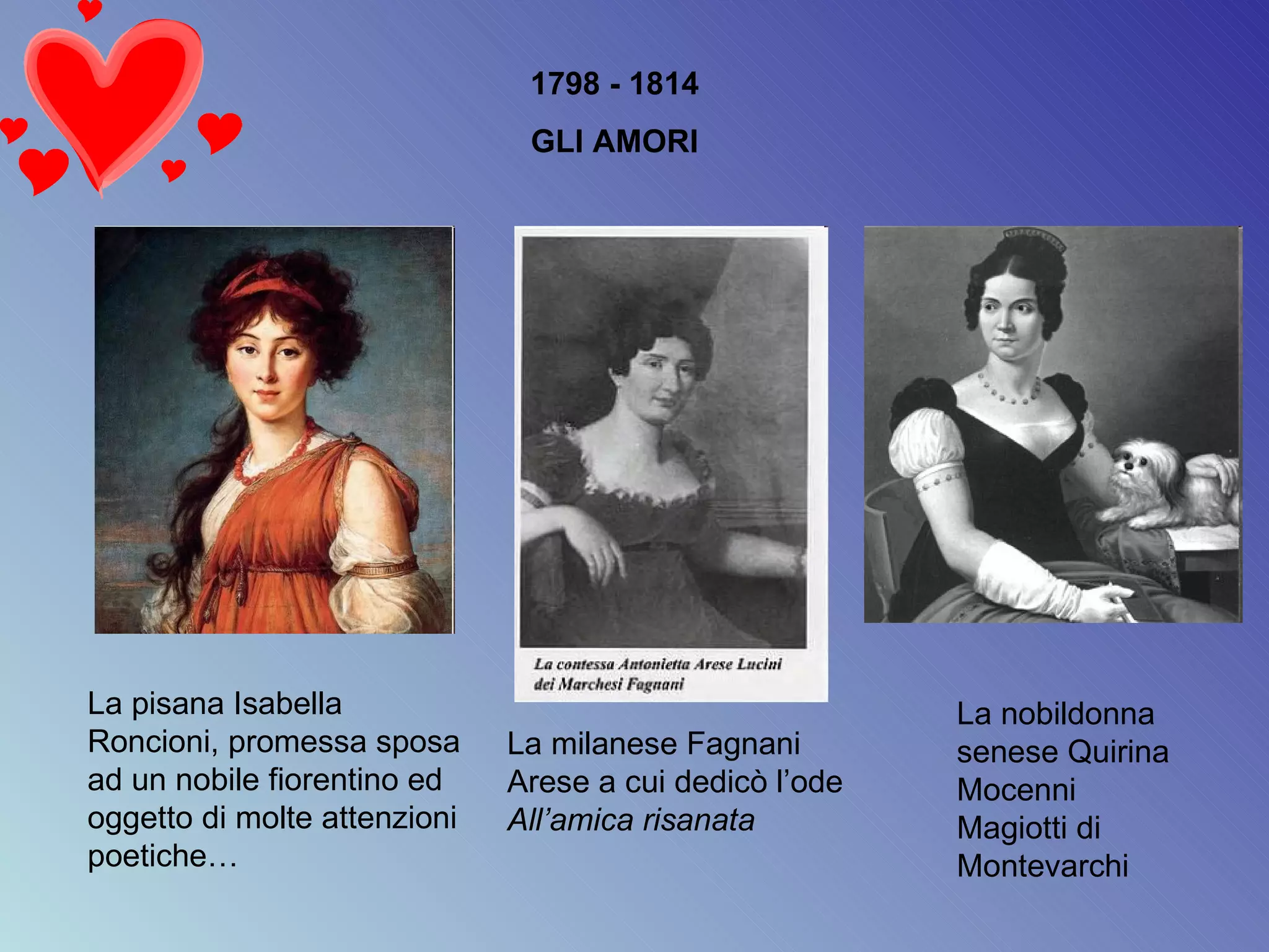 1798 - 1814 GLI AMORI La pisana Isabella Roncioni, promessa sposa ad un nobile fiorentino ed oggetto di molte attenzioni poetiche… La milanese Fagnani Arese a cui dedicò l’ode  All’amica risanata La nobildonna senese Quirina Mocenni Magiotti di Montevarchi 