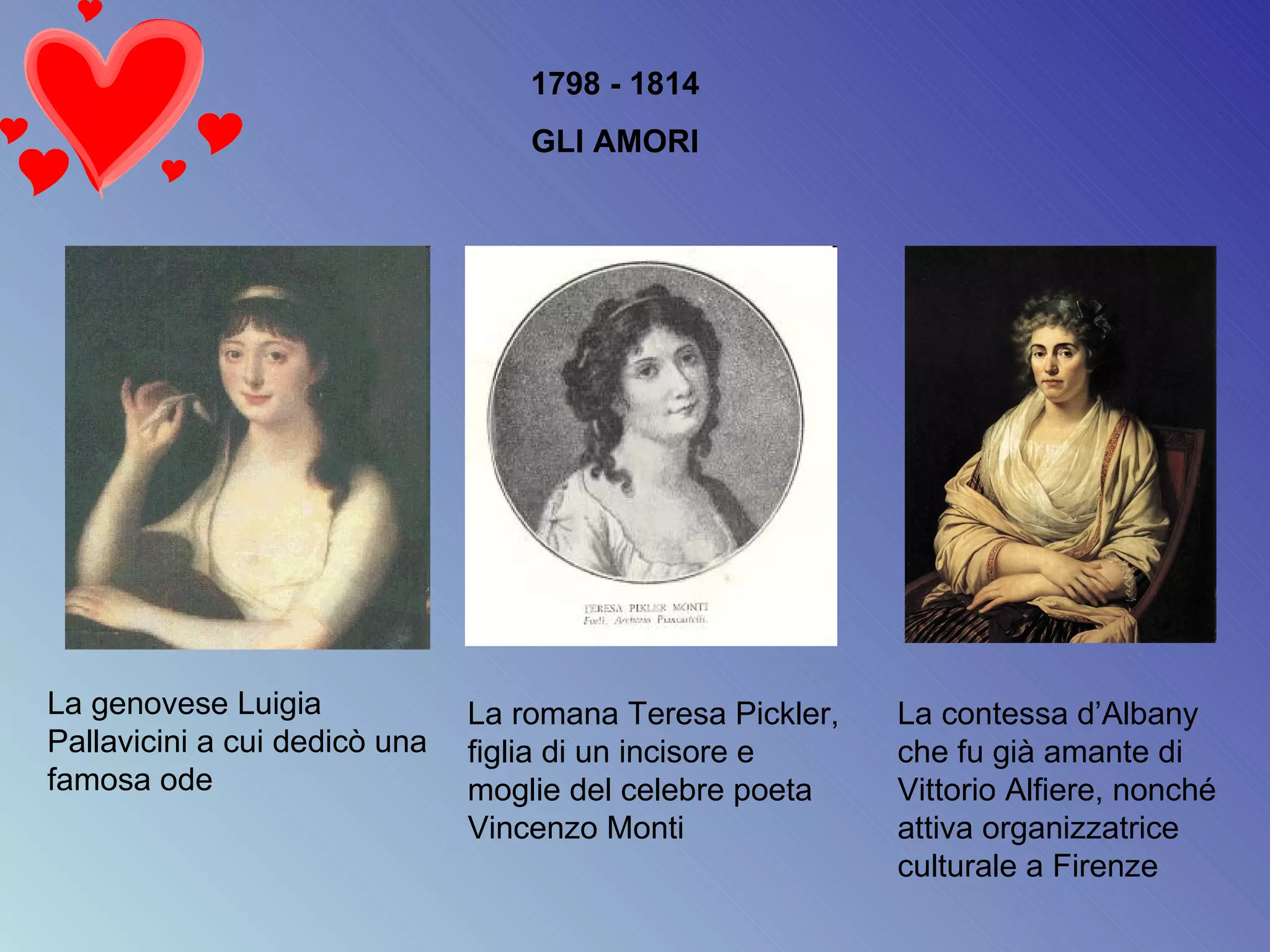 1798 - 1814 GLI AMORI La genovese Luigia Pallavicini a cui dedicò una famosa ode La romana Teresa Pickler, figlia di un incisore e moglie del celebre poeta Vincenzo Monti La contessa d’Albany che fu già amante di Vittorio Alfiere, nonché attiva organizzatrice culturale a Firenze 