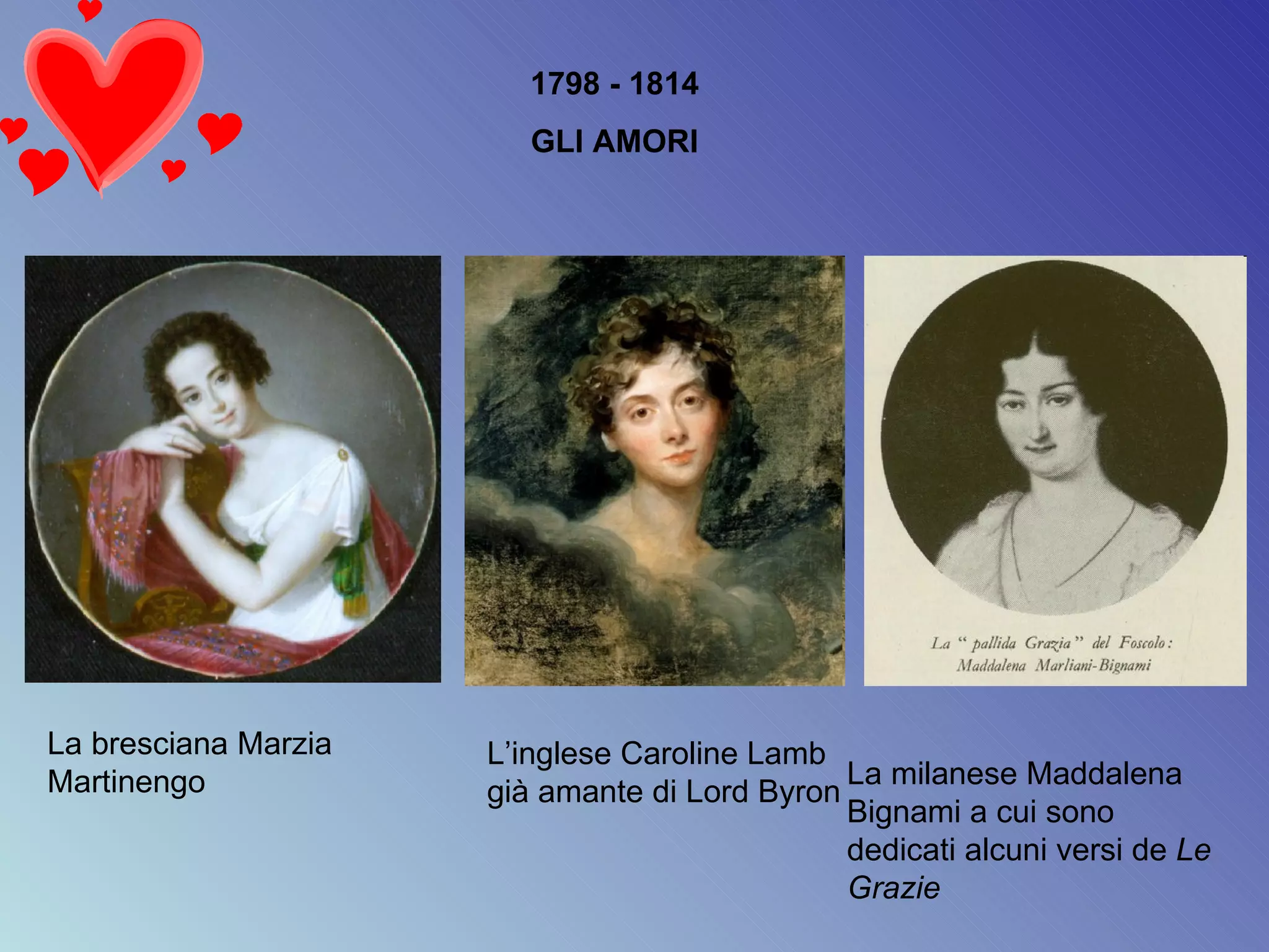1798 - 1814 GLI AMORI La bresciana Marzia Martinengo  L’inglese Caroline Lamb già amante di Lord Byron La milanese Maddalena Bignami a cui sono dedicati alcuni versi de  Le Grazie 