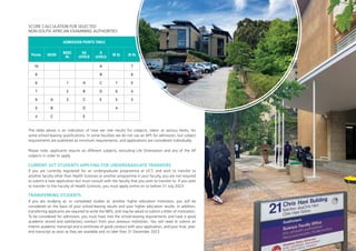 SCORE CALCULATION FOR SELECTED
NON-SOUTH AFRICAN EXAMINING AUTHORITIES
ADMISSION POINTS TABLE
Points IGCSE
NSSC
HL
AS
LEVELS
A
LEVELS
IB SL IB HL
10 A 7
9 B 6
8 1 A C 7 5
7 2 B D 6 4
6 A 3 C E 5 3
5 B D 4
4 C E
The table above is an indication of how we rate results for subjects, taken at various levels, for
some school-leaving qualifications. In some faculties we do not use an APS for admission, but subject
requirements are published as minimum requirements, and applications are considered individually.
Please note, applicants require six different subjects, excluding Life Orientation and any of the AP
subjects in order to apply.
CURRENT UCT STUDENTS APPLYING FOR UNDERGRADUATE TRANSFERS
If you are currently registered for an undergraduate programme at UCT, and wish to transfer to
another faculty other than Health Sciences or another programme in your faculty, you are not required
to submit a new application but must consult with the faculty that you wish to transfer to. If you wish
to transfer to the Faculty of Health Sciences, you must apply online on or before 31 July 2023.
TRANSFERRING STUDENTS
If you are studying at, or completed studies at, another higher education institution, you will be
considered on the basis of your school-leaving results and your higher education results. In addition,
transferring applicants are required to write the NBTs, and may be asked to submit a letter of motivation.
To be considered for admission, you must have met the school-leaving requirements and have a good
academic record and satisfactory conduct from your previous institution. You will need to submit an
interim academic transcript and a certificate of good conduct with your application, and your final, year-
end transcript as soon as they are available and no later than 31 December 2023.
 