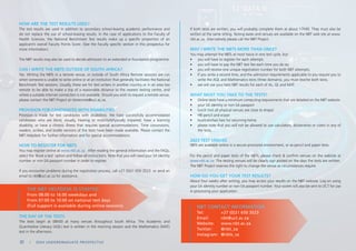 HOW ARE THE TEST RESULTS USED?
The test results are used in addition to secondary school-leaving academic performance and
do not replace the use of school-leaving results. In the case of applications to the Faculty of
Health Sciences, the National Benchmark Test results make up a specific proportion of an
applicant’s overall Faculty Points Score. (See the Faculty specific section in this prospectus for
more information).
The NBT results may also be used to decide admission to an extended or foundation programme.
CAN I WRITE THE NBTS OUTSIDE OF SOUTH AFRICA?
Yes. Writing the NBTs in a remote venue, or outside of South Africa Remote sessions are run
when someone is unable to write online or at an institution that generally facilitates the National
Benchmark Test sessions. Usually, these are for test writers in another country or in an area too
remote to be able to make a trip of a reasonable distance to the nearest testing centre, and
where a suitable internet connection is not available. Should you wish to request a remote venue,
please contact the NBT Project at nbtremote@uct.ac.za.
PROVISION FOR CANDIDATES WITH DISABILITIES
Provision is made for test candidates with disabilities. We have successfully accommodated
candidates who are blind, visually, hearing or mobility/physically impaired, have a learning
disability, or have a chronic illness that requires special accommodations. Time concessions,
readers, scribes, and braille versions of the tests have been made available. Please contact the
NBT Helpdesk for further information and for special accommodations.
HOW TO REGISTER FOR NBTS
You may register online at www.nbt.ac.za. After reading the general information and the FAQs,
select the ‘Book a test’ option and follow all instructions. Note that you will need your SA identity
number or non-SA passport number in order to register.
If you encounter problems during the registration process, call +27 (0)21 650 3523 or send an
email to nbt@uct.ac.za for assistance.
THE NBT HELPDESK IS STAFFED
From 08:00 to 16:00 weekdays and
From 07:00 to 10:00 on national test days
(Full support is available during online sessions).
THE DAY OF THE TESTS
The tests begin at 08h00 at many venues throughout South Africa. The Academic and
Quantitative Literacy (AQL) test is written in the morning session and the Mathematics (MAT)
test in the afternoon.
If both tests are written, you will probably complete them at about 17h00. They must also be
written at the same sitting. Testing dates and venues are available on the NBT web site at www.
nbt.ac.za. Alternatively please call the NBT Project.
MAY I WRITE THE NBTS MORE THAN ONCE?
You may attempt the NBTs at most twice in one test cycle, but:
• you will have to register for each attempt;
• you will have to pay the NBT test fee each time you do so;
• you will receive one unique registration number for both NBT attempts;
• If you write a second time, and the admission requirements applicable to you require you to
write the AQL and Mathematics tests (three domains), you must rewrite both tests;
• we will use your best NBT results for each of AL, QL and MAT.
WHAT MUST YOU TAKE TO THE TESTS?
• Online tests have a minimum computing requirements that are detailed on the NBT website.
• your SA identity or non-SA passport
• lunch (not all physical venues are close to shops)
• HB pencil and eraser
• bus/train/taxi fare for returning home
• please note that you will not be allowed to use calculators, dictionaries or rulers in any of
the tests.
2023 TEST VENUES
NBTs are available online in a secure proctored environment, or as pencil and paper tests.
For the pencil and paper tests of the NBTs, please check & confirm venues on the website at
www.nbt.ac.za. The testing venues will be clearly sign posted on the days the tests are written.
The NBT Project reserves the right to change the venue as circumstances require.
HOW DO YOU GET YOUR TEST RESULTS?
About four weeks after writing, you may access your results on the NBT website. Log on using
your SA identity number or non-SA passport number. Your scores will also be sent to UCT for use
in processing your application.
NBT CONTACT INFORMATION
Tel: +27 (0)21 650 3523
Email: nbt@uct.ac.za
Website: www.nbt.ac.za
Twitter: @nbt_za
Instagram: @nbts_sa
20 | 2024 UNDERGRADUATE PROSPECTUS
 