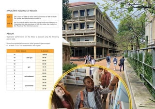 APPLICANTS HOLDING SAT RESULTS
SAT I SAT I score of 1050 or more with sub minima of 500 for both
the Verbal and Mathematics scores; or
SAT II
SAT II score of 1050 or more for English and one of Physics or
Chemistry with sub minimum of 500 for either the English or
the Physics or the Chemistry scores
ABITUR
Applicants’ performance on the Abitur is assessed using the following
points table:
Umrechnungstabelle/conversion table (grades to percentages)
• At least a ‘GUT’ for Mathematics and English
POINT RANGE % RANGE
15
sehr gut
100-95
14 94-90
13 89-85
12
gut
84-80
11 79-75
10 74-70
9
befriedigend
69-65
8 64-60
7 59-55
6
ausreichend
54-50
5 49-45
4 44-40
 
