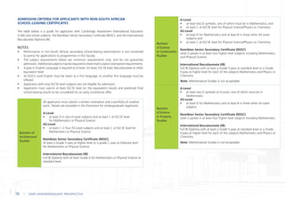 ADMISSION CRITERIA FOR APPLICANTS WITH NON-SOUTH AFRICAN
SCHOOL-LEAVING CERTIFICATES
The table below is a guide for applicants with Cambridge Assessment International Education
(CAIE) and similar subjects, the Namibian Senior Secondary Certificate (NSSC), and the International
Baccalaurate Diploma (IB).
NOTES:
• Performance in non-South African secondary school-leaving examinations is not converted
to points for applications to programmes in this faculty.
• The subject requirements below are minimum requirements only, and do not guarantee
admission. Additional subjects may be required to meet matriculation exemption requirements.
• A pass in English Language is required at A-level, AS-level, IGCSE level, Baccalaureate or other
equivalent level.
• At IGSCE Level English must be taken as a first language, or another first language must be
offered.
• Applicants with only IGCSE level subjects are not eligible for admission.
• Applicants must submit at least IGCSE level (or the equivalent) results and predicted final
school-leaving results to be considered for an early conditional offer.
Bachelor of
Architectural
Studies
All applicants must submit a written motivation and a portfolio of creative
work. Details are provided in the Directions for Undergraduate Applicants.
A-Level
• at least D in two A-Level subjects and at least C at IGCSE level
for Mathematics or Physical Science
AS-Level
• at least C in four AS-Level subjects and at least C at IGCSE level for
Mathematics or Physical Science
Namibian Senior Secondary Certificate (NSSC)
At least a Grade 3 pass at Higher level or a grade C pass at Ordinary level
for Mathematics or Physical Science
International Baccalaureate (IB)
Full IB Diploma with at least Grade 4 for Mathematics or Physical Science at
standard level.
Bachelor
of Science
in Construction
Studies
A-Level
• at least two D symbols, one of which must be in Mathematics; and
• at least C at IGCSE level for Physical Science/Physics or Chemistry
AS-Level
• at least D for Mathematics and at least B in three other AS-Level
subjects and
• at least C at IGCSE level for Physical Science/Physics or Chemistry
Namibian Senior Secondary Certificate (NSSC)
Level 2 passes in at least four higher level subjects including Mathematics
and Physical Science
International Baccalaureate (IB)
Full IB Diploma with at least a Grade 5 pass at standard level or a Grade
4 pass at higher level for each of the subjects Mathematics and Physics or
Chemistry
Note: Mathematical Studies is not acceptable
Bachelor
of Science
in Property
Studies
A-Level
• at least two D symbols at A-Level, one of which must be in
Mathematics
AS-Level
• at least D for Mathematics and at least B in three other AS-Level
subjects
Namibian Senior Secondary Certificate (NSSC)
Level 2 passes in at least four higher level subjects including Mathematics
International Baccalaureate (IB)
Full IB Diploma with at least a Grade 5 pass at standard level or a Grade
4 pass at higher level for each of the subjects Mathematics and Physics or
Chemistry
Note: Mathematical Studies is not acceptable
38 | 2024 UNDERGRADUATE PROSPECTUS
 
