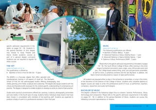 specific admission requirements in the
tables on pages 54 - 56. Students in
the general Bachelor of Arts degree
may choose to study Theatre and
Dance Studies academic courses as
part of a general degree curriculum.
Auditions are not required to register for
these courses.
FINE ART
www.michaelis.uct.ac.za
The qualification is offered as:
• Bachelor of Arts in Fine Art (BA FA) – 4 years
The BA(FA) is a four-year degree that offers specialist and
interdisciplinary training in all aspects of visual art. The Michaelis
School of Fine Art has well-equipped studios offering photography, new
media, painting, print media, sculpture and curatorship. The degree also equips students with the
critical and theoretical skills necessary for the context-specific understanding of contemporary art
practice. The degree is designed to enable students to develop as artists at a level of best practice.
Studio work practical concentrations offered are: painting, sculpture, photography, printmedia
and new media. In the fourth year of study, students follow individual study streams that have
been chosen in consultation with members of the teaching staff. Students are expected to
produce a body of work to a professional standard in their final year.
MUSIC
www.sacm.uct.ac.za
The following qualifications are offered:
• Bachelor of Music (BMus) - 4 years
• Advanced Diploma in Music (AdvDip Music) - 1 year
• Advanced Diploma in Opera (AdvDip Opera) - 1 year
• Diploma in Music Performance (DMP) - 3 years
Please refer to the specific admission requirements in the tables on pages
54 - 56. The South African College of Music offers training in the entire
range of orchestral instruments, piano, organ, voice, African percussion and
jazz. The College boasts several string, wind, jazz and percussion ensembles,
as well as choirs, a symphony orchestra and the Jazz Big Band. In addition, the
Opera School annually presents a season of opera performances.
All students are required either to play in the orchestras or ensembles, or sing in the choirs,
at the discretion of the Director of the College of Music. Students who complete diploma or
degree courses are ready to enter the professional world of music as performers, teachers,
composers, researchers and audio technologists.
BACHELOR OF MUSIC
This degree is offered in the following subject focus or streams: General, Performance, Music
Technology and Composition. Please refer to the specific admission requirements in the tables
on pages 54 - 56. In addition to the general Bachelor of Music, students can pursue the
following curriculum specialisations or streams.
2024 UNDERGRADUATE PROSPECTUS | 55
 