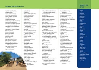 CLUBS & SOCIETIES AT UCT
SPORTS ON
OFFER
Aikido
Archery
Athletics
Badminton
Basketball
Canoeing
Capoeira
Chess
Cricket
Fitness centre
Cycling
Fencing
Golf
Gymnastics
Hockey
Ju jitsu
Karate
Kickboxing
Mountain & ski
Netball
Rowing
Rugby
Soccer
Squash
Supa pool
Surfing
Table tennis
Taekwondo
Tennis
Tai chi
Ultimate frisbee
Underwater hockey
Volleyball
Water polo
Water-skiing
Yachting
Apostolic Faith Church of
Portland Oregon
Abantu Zambian Society
ACTS Kolbe Catholic Society
African Students for Liberty
Altum Sonatur
Amnesty International
Art of Living – Hartha Yoga Society
Asian Students Association
Association of Black Securities and 		
Investment Professionals
Association of Built Environment
Student
Association of SA Black Actuaries
Ballroom Dancing
Believers Loveworld
Bhakti Yoga Society
Biological Society
Biomimicry Society
Birding UCT
Black Law Students’ Forum
Black Lawyer’s Association
Black Management Forum
Businesswomen’s Association
Student Chapter
Cape Legion of Adventurers
and War Gamers
Cape Town Globalist
Cardiac Society
Chabad UCT
Christian Medical Fellowship
Christian Revival Church
Christians on Campus
Church On Main
Cortex Club
Crypto currency
Debating Union
Deeper Life Campus Fellowship
Democratic Alliance Students’
Organisation
DJ’s Production Society
DR Congo
East African Students Society
Economic Freedom Fighters
Student Command
EDU Student Organisation
Effective Altruism
Enactus
Engineers Without Borders
Fashion Society
Film Society
Gender & Sex Project
Genshiken
Ghana Society
Golden Future Project
Grace Bible Church
Green Campus Initiative
Habitat for Humanity
Hellenic Students’ Association
Her Campus Initiative
Hillsong Church
Hindu Students’ Society
Hip Hop Club
His People
Human Upliftment Project
Ikey Ability
InkuluFreeHeid
Institute of Electrical & Electronics
Engineers Internal medicine
Investment Society
Jubilee Society
Korean Student Association
Leanin
Lesotho Students’ Association
Malawi Students Society
Moot Society
Muslim Students’ Association
Muslim Youth Movement
Namibian Students’ Organization
Nazareth Tertiary Student’s
Association
Nigerian Students’ Society
Organisational Psychology Students’
Society Paediatrics society
Palestine Solidarity Forum
Pan Africanist Student Movement
of Azania Photographic Society
Poetry
Preclinical society
Psychology Society
RAG
Rainbow Organisation
RAPHA Church
REACH Society
Redeemed Christian Fellowship
Rural Support Network
Seventh Day Adventist
Movement
SHAWCO Education
SHAWCO Health
Shofar Church
South African Medical Students’
Association South African
students’ congress
South African Union of Jewish
Students
Space and Astronomy
Association
Student Christian Fellowship
Student Psychiatry society
Student YMCA
Students for a Free Tibet UCT
Students for Law and Social Justice
Students for Life
Surgical Society
Swazi Students Society
TEDxUCT
The Collective
The Twelve Apostle Church in Christ
Thinking Club
Trees of Life Multiracial Church
Tsonga society
Ubunye
UCT African Choral
UCT Baha’i Society
UCT Choir
UCT Consulting Club
UCT Developers’ Society
UCT Entrepreneur’s Society
UCT Marketing Association
UCT Mathematics society
UCT Radio
United Nations Association of
South Africa Vegilicious
We Are Animals
Wine and Cultural Society
Winners Camp Fellowship
Women in computer Science
Women in Property Network
World Mission Society
(Church of God)
Zimbabwe Society
Zion Christian Students’
Fellowship
 