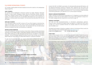 FULL-DEGREE INTERNATIONAL STUDENTS
UCT considers suitably qualified international applicants who wish to study for a full undergraduate
degree programme.
SADC STUDENTS
The Southern African Development Community countries are: Angola, Botswana, Democratic
Republic of Congo, Lesotho, Madagascar, Malawi, Mauritius, Mozambique, Namibia, Seychelles,
South Africa, Swaziland, Tanzania, Zambia and Zimbabwe. The minimum initial fee payment for
academic and residence fees plus the non-refundable Administrative Fee must be paid prior to
registration or entering student accommodation. No international levy (International Term Fee) will
be charged.
NON-SADC STUDENTS
As an international student (non-SADC) coming to UCT, you will be charged an international levy,
called the International Term Fee (per annum), and the non-refundable Administrative Fee, in
addition to the individual fees for all courses taken. The International Term Fee, the Administrative
Fee plus the individual course fees must be paid prior to registration.
MATRICULATION EXEMPTION
If you wish to study at UCT and you are writing or have written a foreign secondary school-leaving
examination, you will need to obtain a matriculation exemption certificate from the Matriculation
Board. Before making you an offer, the faculty will ensure that you are eligible for matriculation
exemption. Once you have been registered but before the end of your first year, you will need to
apply through your faculty office to the Matriculation Board for a certificate of exemption.
To apply take the prescribed form, your original school leaving certificate (the faculty will
make a certified copy for the Matriculation Board) and the prescribed fee (made out to the
Matriculation Board) to the Faculty Office who will submit your application to the Matriculation
Board.Details of fees payable and the form are available on the Matriculation Board website
at mb.usaf.ac.za. The onus remains on you, as a student, to check that the faculty office has
received your certificate from the Matriculation Board. Enquiries about certificates of exemption
should be addressed to the:
Universities South Africa,
P O Box 27392, Sunnyside, Pretoria, 0132
Tel: +27 (0)10 591 4401/2 Fax: +27 (0)86 680 5727
Website: mb.usaf.ac.za
ENTRY REQUIREMENTS FOR APPLICANTS WITH FOREIGN SECONDARY
SCHOOL-LEAVING EXAMINATIONS
To be considered for admission, applicants must qualify for a matriculation exemption from the
Matriculation Board, and must meet certain minimum faculty entry requirements. Some of the more
common foreign secondary school-leaving examinations submitted by international applicants
include CAIE, NSSC and ZIMSEC examinations, the International Baccalaureate (IB) Diploma, and
the Advanced International Certificate of Education (AICE). Applicants who have written only
the IGCSE level or equivalent examination, and who are not writing any other secondary school-
leaving examination, are not eligible for admission to UCT. If you are writing a foreign secondary
school-leaving qualification, your application to UCT will be assessed individually.
ENGLISH LANGUAGE REQUIREMENTS
English is used both for teaching and for examinations at UCT. All applicants must show evidence of
proficiency in English and must submit evidence of this as part of their application to study at UCT.
The English Language admission requirements can be found on page 18.
FINANCIAL ASSISTANCE
UCT does not offer bursaries/scholarships to international undergraduate applicants.
American citizens undertaking full degree studies may apply for US Federal Aid (Direct Loans)
via IAPO. UCT is also an accredited institution for Canadian Federal Aid. Direct enquiries to
iapo-finance@uct.ac.za
The MasterCard Foundation Scholarship is available to citizens of a Sub-Saharan African country. For
further information on the scholarships please access www.mcfsp.uct.ac.za
E-mail: info_mcfsp@uct.ac.za Tel: +27 (0)21 650 5923 / 3601
STUDY VISAS
In terms of the Immigration Act No. 13 of 2002, if you are resident outside of South Africa and are
not a South African citizen or do not have permanent residence, you are required to obtain a study
visa to enter the Republic of South Africa for the purpose of attending UCT. It is important that your
visa is endorsed specifically for study at UCT.
If you hold refugee or asylum seeker status issued by the South African Government you are exempt
from needing a study visa to attend UCT, however, you are required to produce a valid South African
Government issued refugee or asylum seeker permit. The offer of a study place by UCT does not
bind the Department of Home Affairs in any way to allow you to study in South Africa, nor does it
remove the need for you to obtain permission to enter the country. If you are offered a study place,
please apply immediately for a study visa. You can apply for a study visa with a conditional study
place offer or a firm study place offer. Your application must be made to the nearest South African
Embassy, Consulate or High Commission in your home country. This procedure could take from
8 to 12 weeks or longer to be processed, so apply without delay. The application form BI-1738, duly
completed, must be accompanied by the following:
(a) valid passport
(b) a fee (current details are available from the nearest South African Embassy, Consulate or High
Commission)
(c) an official letter from UCT confirming provisional or firm acceptance at the institution and the
duration of the course
84 | 2024 UNDERGRADUATE PROSPECTUS
 