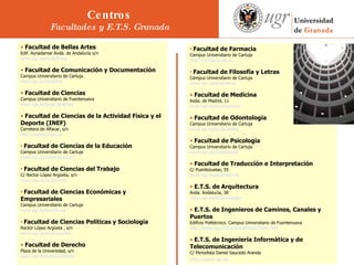 Facultad de Bellas Artes  Edif. Aynadamar Avda. de Andalucía s/n  www.ugr.es/local/fbbaa   Facultad de Comunicación y Documentación  Campus Universitario de Cartuja  www.ugr.es/local/fbd   Facultad de Ciencias  Campus Universitario de Fuentenueva  www.ugr.es/local/decacien   Facultad de Ciencias de la Actividad Física y el Deporte (INEF)  Carretera de Alfacar, s/n  http://deporte.ugr.es   Facultad de Ciencias de la Educación  Campus Universitario de Cartuja  www.ugr.es/local/dcceduc/     Facultad de Ciencias del Trabajo  C/ Rector López Argüeta, s/n  www.ugr.es/local/citrab   Facultad de Ciencias Económicas y Empresariales  Campus Universitario de Cartuja  www.ugr.es/local/fccee     Facultad de Ciencias Políticas y Sociología  Rector López Argüeta , s/n  www.ugr.es/local/ccpolsoc   Facultad de Derecho  Plaza de la Universidad, s/n  www.ugr.es/local/wderecho   Facultad de Farmacia   Campus Universitario de Cartuja  http://farmacia.ugr.es   Facultad de Filosofía y Letras  Campus Universitario de Cartuja  www.ugr.es/local/letras     Facultad de Medicina  Avda. de Madrid, 11  www.ugr.es/local/facmed   Facultad de Odontología  Campus Universitario de Cartuja  www.ugr.es/local/odonto   Facultad de Psicología  Campus Universitario de Cartuja  www.ugr.es/local/psicolo   Facultad de Traducción e Interpretación  C/ Puentezuelas, 55  www.ugr.es/local/factrad     E.T.S. de Arquitectura  Avda. Andalucía, 38  www.ugr.es/local/etsarqui   E.T.S. de Ingenieros de Caminos, Canales y Puertos  Edificio Politécnico. Campus Universitario de Fuentenueva http://www.ugr.es/local/ecaminos/index.htm   E.T.S. de Ingeniería Informática y de Telecomunicación C/ Periodista Daniel Saucedo Aranda  https://etsiit.ugr.es/   Centros Facultades y E.T.S. Granada 
