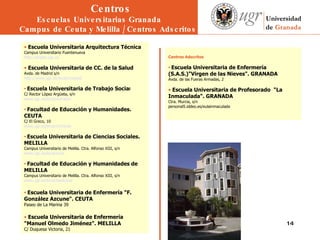 Centros Adscritos   Escuela Universitaria de Enfermería (S.A.S.)"Virgen de las Nieves". GRANADA  Avda. de las Fueras Armadas, 2    Escuela Universitaria de Profesorado  "La Inmaculada". GRANADA  Ctra. Murcia, s/n  personal5.iddeo.es/eulainmaculada  Escuela Universitaria Arquitectura Técnica  Campus Universitario Fuentenueva  http://arqtec.ugr.es   Escuela Universitaria de CC. de la Salud  Avda. de Madrid s/n  http :// www.ugr.es /local/ ccsalud /   Escuela Universitaria de Trabajo Socia l  C/ Rector López Argüeta, s/n  www.ugr.es/local/eutrasoc   Facultad de Educación y Humanidades. CEUTA  C/ El Greco, 10  www.ugr.es/local/w3ceuta     Escuela Universitaria de Ciencias Sociales. MELILLA  Campus Universitario de Melilla. Ctra. Alfonso XIII, s/n  www.ugr.es/local/eues   Facultad de Educación y Humanidades de MELILLA  Campus Universitario de Melilla. Ctra. Alfonso XIII, s/n www.ugr.es /local/ faedumel   Escuela Universitaria de Enfermería "F. González Azcune". CEUTA Paseo de La Marina 39 Escuela Universitaria de Enfermería "Manuel Olmedo Jiménez". MELILLA C/ Duquesa Victoria, 21 Centros Escuelas Universitarias Granada Campus de Ceuta y Melilla / Centros Adscritos 