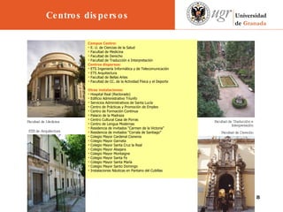 ETS de Arquitectura Facultad de Derecho Facultad de Traducción e Interpretación Campus Centro: E. U. de Ciencias de la Salud Facultad de Medicina Facultad de Derecho Facultad de Traducción e Interpretación Centros dispersos: ETS Ingeniería Informática y de Telecomunicación ETS Arquitectura Facultad de Bellas Artes Facultad de CC. de la Actividad Física y el Deporte Otras instalaciones: Hospital Real (Rectorado) Edificio Administrativo Triunfo Servicios Administrativos de Santa Lucía Centro de Prácticas y Promoción de Empleo Centro de Formación Continua Palacio de la Madraza Centro Cultural Casa de Porras Centro de Lengua Modernas Residencia de invitados “Carmen de la Victoria” Residencia de invitados “Corrala de Santiago” Colegio Mayor Cardenal Cisneros Colegio Mayor Garnata Colegio Mayor Santa Cruz la Real Colegio Mayor Alsajara Colegio Mayor Montaigne Colegio Mayor Santa Fe Colegio Mayor Santa María Colegio Mayor Santo Domingo Instalaciones Náuticas en Pantano del Cubillas   Facultad de Medicina Centros dispersos 