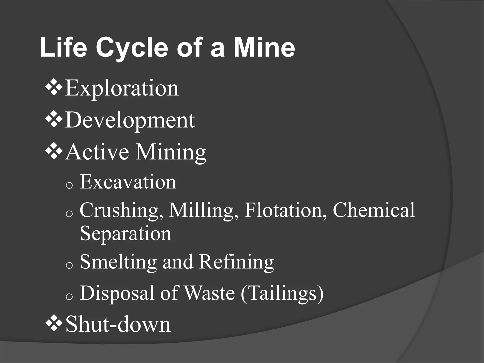 Life Cycle of a Mine
Exploration
Development
Active Mining
  o Excavation
  o Crushing, Milling, Flotation, Chemical
    Separation
  o Smelting and Refining

  o Disposal of Waste (Tailings)

Shut-down
 