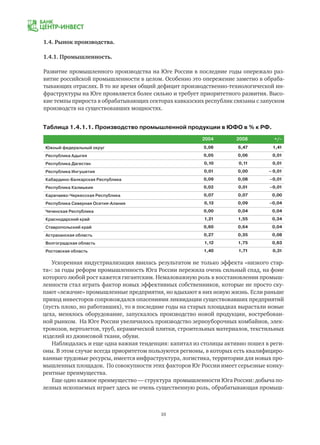 10
Ускоренная индустриализация явилась результатом не только эффекта «низкого стар-
та»: за годы реформ промышленность Юга России пережила очень сильный спад, на фоне
которого любой рост кажется гигантским. Немаловажную роль в восстановлении промыш-
ленности стал играть фактор новых эффективных собственников, которые не просто ску-
пают «лежачие» промышленные предприятия, но вдыхают в них новую жизнь. Если раньше
приход инвесторов сопровождался опасениями ликвидации существовавших предприятий
(пусть плохо, но работавших), то в последние годы на старых площадках вырастали новые
цеха, менялось оборудование, запускалось производство новой продукции, востребован-
ной рынком. На Юге России увеличилось производство зерноуборочных комбайнов, элек-
тровозов, вертолетов, труб, керамической плитки, строительных материалов, текстильных
изделий из джинсовой ткани, обуви.
Наблюдалась и еще одна важная тенденция: капитал из столицы активно пошел в реги-
оны. В этом случае всегда приоритетом пользуются регионы, в которых есть квалифициро-
ванные трудовые ресурсы, имеется инфраструктура, логистика, территории для новых про-
мышленных площадок. По совокупности этих факторов Юг России имеет серьезные конку-
рентные преимущества.
Еще одно важное преимущество — структура промышленности Юга России: добыча по-
лезных ископаемых играет здесь не очень существенную роль, обрабатывающая промыш-
2004 2008 +/–
Южный федеральный округ 5,06 6,47 1,41
Республика Адыгея 0,05 0,06 0,01
Республика Дагестан 0,10 0,11 0,01
Республика Ингушетия 0,01 0,00 – 0,01
Кабардино-Балкарская Республика 0,09 0,08 –0,01
Республика Калмыкия 0,02 0,01 –0,01
Карачаево-Черкесская Республика 0,07 0,07 0,00
Республика Северная Осетия-Алания 0,13 0,09 –0,04
Чеченская Республика 0,00 0,04 0,04
Краснодарский край 1,21 1,55 0,34
Ставропольский край 0,60 0,64 0,04
Астраханская область 0,27 0,35 0,08
Волгоградская область 1,12 1,75 0,63
Ростовская область 1,40 1,71 0,31
Таблица 1.4.1.1. Производство промышленной продукции в ЮФО в % к РФ.
1.4. Рынок производства.
1.4.1. Промышленность.
Развитие промышленного производства на Юге России в последние годы опережало раз-
витие российской промышленности в целом. Особенно это опережение заметно в обраба-
тывающих отраслях. В то же время общий дефицит производственно-технологической ин-
фраструктуры на Юге проявляется более сильно и требует приоритетного развития. Высо-
кие темпы прироста в обрабатывающих секторах кавказских республик связаны с запуском
производств на существовавших мощностях.
 