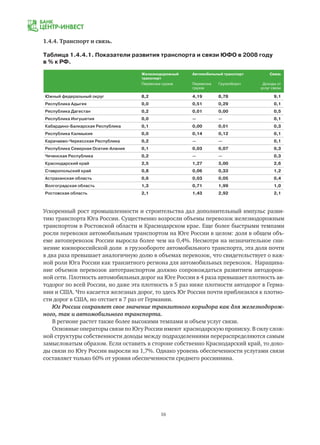 16
Ускоренный рост промышленности и строительства дал дополнительный импульс разви-
тию транспорта Юга России. Существенно возросли объемы перевозок железнодорожным
транспортом в Ростовской области и Краснодарском крае. Еще более быстрыми темпами
росли перевозки автомобильным транспортом на Юге России в целом: доля в общем объ-
еме автоперевозок России выросла более чем на 0,4%. Несмотря на незначительное сни-
жение южнороссийской доли в грузообороте автомобильного транспорта, эта доля почти
в два раза превышает аналогичную долю в объемах перевозок, что свидетельствует о важ-
ной роли Юга России как транзитного региона для автомобильных перевозок. Наращива-
ние объемов перевозок автотранспортом должно сопровождаться развитием автодорож-
ной сети. Плотность автомобильных дорог на Юге России в 4 раза превышает плотность ав-
тодорог по всей России, но даже эта плотность в 5 раз ниже плотности автодорог в Герма-
нии и США. Что касается железных дорог, то здесь Юг России почти приблизился к плотно-
сти дорог в США, но отстает в 7 раз от Германии.
Юг России сохраняет свое значение транзитного коридора как для железнодорож-
ного, так и автомобильного транспорта.
В регионе растет также более высокими темпами и объем услуг связи.
Основные операторы связи по Югу России имеют краснодарскую прописку. В силу слож-
ной структуры собственности доходы между подразделениями перераспределяются самым
замысловатым образом. Если оставить в стороне собственно Краснодарский край, то дохо-
ды связи по Югу России выросли на 1,7%. Однако уровень обеспеченности услугами связи
составляет только 60% от уровня обеспеченности среднего россиянина.
 
Железнодорожный
транспорт
Автомобильный транспорт Связь
Перевозка грузов Перевозка
грузов
Грузооборот Доходы от
услуг связи
Южный федеральный округ 8,2 4,19 8,78 9,1
Республика Адыгея 0,0 0,51 0,29 0,1
Республика Дагестан 0,2 0,01 0,00 0,5
Республика Ингушетия 0,0 — — 0,1
Кабардино-Балкарская Республика 0,1 0,00 0,01 0,3
Республика Калмыкия 0,0 0,14 0,12 0,1
Карачаево-Черкесская Республика 0,2 — — 0,1
Республика Северная Осетия-Алания 0,1 0,03 0,07 0,3
Чеченская Республика 0,2 — — 0,3
Краснодарский край 2,5 1,27 3,00 2,6
Ставропольский край 0,8 0,06 0,33 1,2
Астраханская область 0,6 0,03 0,05 0,4
Волгоградская область 1,3 0,71 1,99 1,0
Ростовская область 2,1 1,43 2,92 2,1
1.4.4. Транспорт и связь.
Таблица 1.4.4.1. Показатели развития транспорта и связи ЮФО в 2008 году
в % к РФ.
 