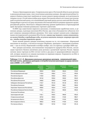 Юг России против глобального кризиса
19
Таблица 1.5.1.2. Динамика реальных денежных доходов, номинальной зара-
ботной платы, денежных доходов и потребительских расходов на душу населе-
ния в 2008 г. в % к 2007 г.
Реальные
денежные
доходы
Среднемесячная
номинальная
заработная плата
Денежные
доходы
Потребительские
расходы
Российская Федерация 105,0 125,9 104,4 116,5
Южный федеральный округ 110,4 128,4 117,1 123,6
Республика Адыгея 119,9 125,2 123,4 155,1
Республика Дагестан 121,8 133,0 143,2 154,3
Республика Ингушетия 149,8 120,9 110,6 102,2
Кабардино-Балкарская Республика 114,7 131,0 121,6 137,3
Республика Калмыкия 108,3 129,4 140,1 150,0
Карачаево-Черкесская Республика 109,6 123,4 112,7 116,9
Республика Северная Осетия-Алания 113,1 123,1 120,6 123,0
Чеченская Республика — 121,1 — —
Краснодарский край 110,1 129,3 109,9 123,4
Ставропольский край 107,0 130,2 110,9 106,7
Астраханская область 110,8 125,3 112,5 120,6
Волгоградская область 100,3 127,8 119,9 113,6
Ростовская область 108,1 127,9 113,2 121,4
Только в Краснодарском крае, Ставропольском крае и Ростовской области доля региона
в денежных расходах выше, чем в полученных денежных доходах. Для других республик Се-
верного Кавказа существует проблема не только низкого уровня доходов, но и доступности
товаров и услуг. В этой связи особую роль играет Ростовская область не только как культур-
ный и политический центр, но и важнейший торговый центр для всех жителей Юга России.
Товарооборот в расчете на душу населения в Ростовской области впервые превысил средне-
российский уровень. Вплотную к общероссийскому уровню приблизился и Краснодарский
край. Быстрыми темпами развивалась торговля в Дагестане.
В 2008 году существенно выросли и реальная, и номинальная заработная плата, и де-
нежные доходы, и расходы населения Юга России, при этом в большинстве субъектов этот
рост опережал среднероссийскую динамику. Этот запас сыграет важную роль в формиро-
вании посткиризисной экономики Юга России: южане еще помнят о своих относитель-
но низких доходах в предыдущие годы, но успели накопить тонкую «жировую прослой-
ку», чтобы спокойно пережить кризис.
Более низкий уровень доходов позитивно повлиял на то, что изменения сбережений
населения во вкладах, в частности вкладах Сбербанка, проходили с меньшими колебани-
ями — как по оттоку сбережений в октябре-ноябре, так и по притоку в декабре 2008 года.
Рост доходов населения, восстановление популярности курортов Юга России, легали-
зация торгового бизнеса увеличили долю региона в розничной торговле России. Однако
оптовое звено торговли на Юге отстает почти в два раза от среденероссийских показате-
лей, которые являются не самыми высокими по мировым меркам. Сохраняется на Юге и
недостаточное развитие сферы услуг.
 