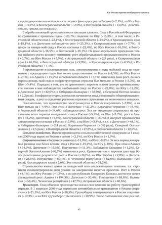 Юг России против глобального кризиса
45
с предыдущим месяцем апрелем статистика фиксирует рост в России (+2,1%), по Югу Рос-
сии (+4,3%), в Волгоградской области (+2,0%), в Ростовской области (+13,0%). Действи-
тельно, «упали, но отжались».
В обрабатывающей промышленности ситуация сложнее. Спад в Российской Федерации
по сравнению с прошлым годом (–23,7%), падение по Югу (–16,3%), в том числе, в Ро-
стовской области спад (–22,1%), в Волгоградской области (–24,2%), в Краснодарском крае
(–18,1%), а в Дагестане наблюдается рост (+25,3%), в Ставропольском крае (+7,7%). В
целом за январь-май спад в России составил (–22,4%), по Югу России (–16,3%), в Волго-
градской области (–16,5%), в Ростовской (–18,1%). На фоне апрельского проседания тем-
пы майского роста вселяют оптимизм: рост обрабатывающей промышленности в России
(+0,7%), на Юге России (+7,9%), в Астраханской области (+2,5 раза), в Ставропольском
крае (+26,8%), в Волгоградской области (+9,9%), в Краснодарском крае (+4,5%), в Ро-
стовской области (+1,1%).
В производстве и распределении газа, электроэнергии и воды майский спад по срав-
нению с предыдущим годом был менее существенным: по России (–9,5%), по Югу России
(–9,1%), а в Адыгее (+19,9%) и Ростовской области (+3,1%) отмечался даже рост. За весь
период январь–май спад в инфраструктурных отраслях был меньше: в России (–5,3%), на
Юге (–5,4%). Парадокс в том, что по сравнению с апрелем в этом секторе промышленно-
сти именно в мае наблюдается наибольший спад: по России (–25,0%), по Югу (–12,2%),
в Дагестане рост (+42,0%), в Кабардино-Балкарии (+38,0%), в Северной Осетии-Алании
(+2,2 раза). В инфраструктурных отраслях начинается спад, связанный с общепромышлен-
ным спадом, а рост в отдельных регионах отражает стремление их экономики к автаркии.
Показательно, что производство электроэнергии в России сократилось (–7,8%), а на
Юге только на (–4,9%). При этом в Дагестане (+21,2%), Карачаево-Черкесии (+16,4%),
в Ростовской области (+14,6%) наблюдался рост. Эта же тенденция сохранялась на про-
тяжении всего периода январь-май: спад в России (–5,8%), на Юге (–3,2%), рост в Ады-
гее (+8,2%), Дагестане (+3,5%), Волгоградской области (+3,0%). В мае рост производства
электроэнергии составил в России (–7,9%), а на Юге (+3,4%), в т.ч. в Дагестане (+48,1%),
в Кабардино-Балкарии (+2,4 раза), Карачаево-Черкесии (+3,0 раза), Северной Осетии-
Алании (+2,5 раза), в Волгоградской области (+27,8%), в Ростовской области (+12,0%).
Сельское хозяйство. Индекс производства сельскохозяйственной продукции за 1 квар-
тал 2009 года вырос по России в целом (+2,1%), по Югу России (+1,9%).
Строительство в России сократилось (–11,9%), на Юге (–8,8%). За весь период январь-
май разница еще более весома: спад в России (–19,2%), по Югу (–10%). При этом в Адыгее
(+34,9%), Дагестане (+16,5%), Ингушетии (+11,3%), Кабардино-Балкарии (+1,2%), Се-
верной Осетии-Алании (+0,7%) отмечается рост. Сравнение мая с апрелем дает еще бо-
лее разительные результаты: рост в России (+0,6%), на Юге России (+9,0%), в Дагеста-
не (+28,5%), Ингушетии (+60,1%), в Чеченской республике (+62,6%), Калмыкии (+2,6
раза), Краснодарском крае(+2,6%), Ростовской области (+38,2%).
Строительство жилых домов за январь-май шло опережающими темпами, т.к. стро-
ители сконцентрировали свои усилия на завершении начатых проектов. Рост в России
(+4,1%), по Югу России (+1,7%), а по республикам Северного Кавказа достигнут почти
трехкратный рост: Адыгея (+194,3%), Дагестан (+30,4%), Ингушетия (+88,8%), Калмы-
кия (+58,4%), Чеченская республика (+47,7%), Астраханская область (+40,6%).
Транспорт. Спад объемов производства оказал свое влияние на работу транспортной
отрасли. В 1 квартале 2009 года перевозки автомобильным транспортом в России сокра-
тились (–21,5%), на Юге России (–18,5%). Грузооборот автотранспорта в России сократил-
ся (–10,3%), а на Юге грузооборот увеличился (+10,9%). Такое соотношение еще раз под-
 
