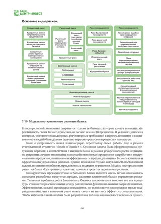 90
Рыночный рискКредитный риск
Системные риски
Инновационные риски
Риск ликвидности Риск ликвидности
Риск бизнес-
событий
Основные виды рисков.
Рыночный
риск
переоценки
стоимости
активов
Фондовый
риск
торгового
портфеля
ценных
бумаг
Валютный
риск
Процентный риск
Глобальные
Новые продукты
Страновые
Новые рынки
Региональные
Новые технологии
Отраслевые
Риск балансовой
ликвидности
Кредитные риски
потребительского
кредитования
Кредитные риски
малого и среднего
бизнеса
Кредитные
риски крупных
корпоративных
заемщиков
Кредитные риски
операций на
межбанковском
рынке
Кредитные рынки
инвестиционных
операций с ценными
бумагами
Технические ошибки
при проведении
операций
Стратегический
риск
Риск рыночной
ликвидности Умышленные или
неумышленные
действия персонала
Сбои
фунционирования
автоматизированных
систем
Несанкционированный
доступ к информации
Умышленные действия
третьих лиц
Ненадлежащий
контроль исполнения
функциональных
полномочий
Убытки обусловленные
неадекватностью
используемых методов
и процедур
Риски аутсорсинга
Аварийные ситуации
Риск деловой
репутации
Юридический риск
3.10. Модель посткризисного развития банка.
В посткризисной экономике сохранятся только те бизнесы, которые смогут повысить эф-
фективность своих бизнес-процессов не менее чем на 30 процентов. В условиях усиления
контроля, ужесточения надзорных, регуляторных требований к приему депозитов и креди-
тованию каждый банк должен серьезно пересмотреть свои процессы и процедуры.
Банк «Центр-инвест» начал планомерную перестройку своей работы еще в рамках
утвержденной стратегии «South of Russia+». Основная задача была сформулирована сле-
дующим образом: в соответствии с миссией банка в рамках ускоренного роста необходи-
мо сохранить лучшие механизмы взаимодействия между процессами разработки и внедре-
ния новых продуктов, повышением эффективности продаж, развитием бизнеса клиентов и
эффективного управления рисками. Кризис показал не только актуальность поставленной
задачи, но жизнеспособность предложенных подходов ее решения. Модель посткризисного
развития банка «Центр-инвест» реально прошла стресс-тестирование кризисом.
Конкурентным преимуществом небольшого банка является очень тесная взаимосвязь
процессов разработки продуктов, продаж, развития клиентской базы и управления риска-
ми. Типичная проблема роста банковского бизнеса заключается в том, что все эти проце-
дуры становятся разобщенными между различными функциональными подразделениями.
Эффективность каждой процедуры повышается, но усложняются взаимосвязи между под-
разделениями, что в конечном счете может свести на нет весь эффект их специализации.
Чтобы избежать такой ошибки была разработана таблица взаимосвязей основных процес-
 