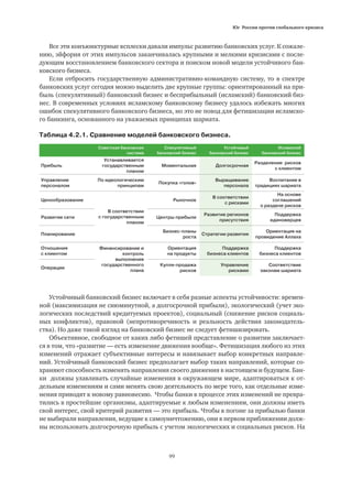 Юг России против глобального кризиса
99
Все эти конъюнктурные всплески давали импульс развитию банковских услуг. К сожале-
нию, эйфория от этих импульсов заканчивалась крупными и мелкими кризисами с после-
дующим восстановлением банковского сектора и поиском новой модели устойчивого бан-
ковского бизнеса.
Если отбросить государственную административно-командную систему, то в спектре
банковских услуг сегодня можно выделить две крупные группы: ориентированный на при-
быль (спекулятивный) банковский бизнес и бесприбыльный (исламский) банковский биз-
нес. В современных условиях исламскому банковскому бизнесу удалось избежать многих
ошибок спекулятивного банковского бизнеса, но это не повод для фетишизации исламско-
го банкинга, основанного на уважаемых принципах шариата.
Таблица 4.2.1. Сравнение моделей банковского бизнеса.
Советская банковская
система
Спекулятивный
банковский бизнес
Устойчивый
банковский бизнес
Исламский
банковский бизнес
Прибыль
Устанавливается
государственным
планом
Моментальная Долгосрочная
Разделение рисков
с клиентом
Управление
персоналом
По идеологическим
принципам
Покупка «голов»
Выращивание
персонала
Воспитание в
традициях шариата
Ценообразование
В соответствии
с государственным
планом
Рыночное
В соответствии
с рисками
На основе
соглашений
о разделе рисков
Развитие сети Центры прибыли
Развитие регионов
присутствия
Поддержка
единоверцев
Планирование
Бизнес-планы
роста
Стратегии развития
Ориентация на
провидение Аллаха
Отношения
с клиентом
Финансирование и
контроль
выполнения
государственного
плана
Ориентация
на продукты
Поддержка
бизнеса клиентов
Поддержка
бизнеса клиентов
Операции
Купля-продажа
рисков
Управление
рисками
Соответствие
законам шариата
Устойчивый банковский бизнес включает в себя разные аспекты устойчивости: времен-
ной (максимизация не сиюминутной, а долгосрочной прибыли), экологический (учет эко-
логических последствий кредитуемых проектов), социальный (снижение рисков социаль-
ных конфликтов), правовой (непротиворечивость и реальность действия законодатель-
ства). Но даже такой взгляд на банковский бизнес не следует фетишизировать.
Объективное, свободное от каких либо фетишей представление о развитии заключает-
ся в том, что «развитие — есть изменение движения вообще». Фетишизация любого из этих
изменений отражает субъективные интересы и навязывает выбор конкретных направле-
ний. Устойчивый банковский бизнес предполагает выбор таких направлений, которые со-
храняют способность изменять направления своего движения в настоящем и будущем. Бан-
ки должны улавливать случайные изменения в окружающем мире, адаптироваться к от-
дельным изменениям и сами менять свою деятельность по мере того, как отдельные изме-
нения приводят к новому равновесию. Чтобы банки в процессе этих изменений не превра-
тились в простейшие организмы, адаптируемые к любым изменениям, они должны иметь
свой интерес, свой критерий развития — это прибыль. Чтобы в погоне за прибылью банки
не выбирали направления, ведущие к самоуничтожению, они в первом приближении долж-
ны использовать долгосрочную прибыль с учетом экологических и социальных рисков. На
 