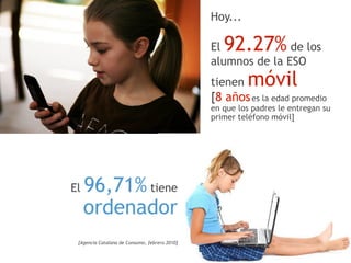 Hoy...

                                               El 92.27%      de los
                                               alumnos de la ESO
                                               tienen    móvil
                                               [8 años es la edad promedio
                                                          

                                               en que los padres le entregan su
                                               primer teléfono móvil]




El 96,71% tiene  
   ordenador 
 [Agencia Catalana de Consumo, febrero 2010]
 