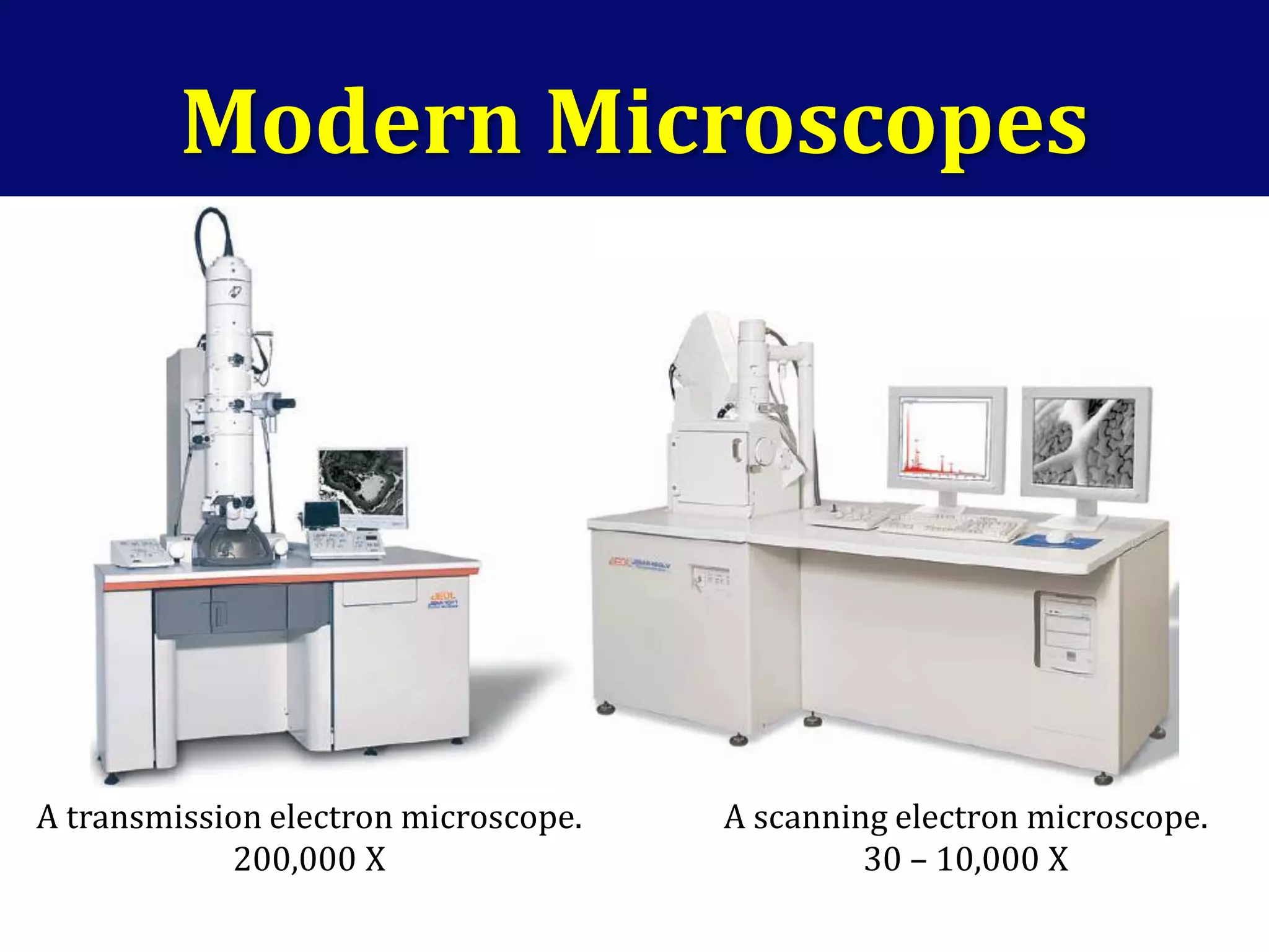 Modern Microscopes
A transmission electron microscope.
200,000 X
A scanning electron microscope.
30 – 10,000 X
 