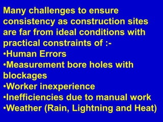 Many challenges to ensure
consistency as construction sites
are far from ideal conditions with
practical constraints of :-
•Human Errors
•Measurement bore holes with
blockages
•Worker inexperience
•Inefficiencies due to manual work
•Weather (Rain, Lightning and Heat)
 