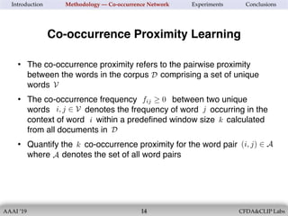 • The co-occurrence proximity refers to the pairwise proximity
between the words in the corpus comprising a set of unique
words
• The co-occurrence frequency between two unique
words denotes the frequency of word occurring in the
context of word within a predeﬁned window size calculated
from all documents in
• Quantify the co-occurrence proximity for the word pair
where denotes the set of all word pairs
AAAI ’19 CFDA&CLIP Labs!14
Introduction Methodology — Co-occurrence Network Experiments Conclusions
Co-occurrence Proximity Learning
fij 0<latexit sha1_base64="BEjRPyIyDYk5dB8gX+fiJge+Ty0=">AAAB83icbZBNS8NAEIYnftb6VfXoZbEInkoigh48FLx4rGA/oAlls520azebuLsRSujf8OJBEa/+GW/+G7dtDtr6wsLDOzPM7Bumgmvjut/Oyura+sZmaau8vbO7t185OGzpJFMMmywRieqEVKPgEpuGG4GdVCGNQ4HtcHQzrbefUGmeyHszTjGI6UDyiDNqrOVHvZw/TPwBPhK3V6m6NXcmsgxeAVUo1OhVvvx+wrIYpWGCat313NQEOVWGM4GTsp9pTCkb0QF2LUoaow7y2c0TcmqdPokSZZ80ZOb+nshprPU4Dm1nTM1QL9am5n+1bmaiqyDnMs0MSjZfFGWCmIRMAyB9rpAZMbZAmeL2VsKGVFFmbExlG4K3+OVlaJ3XPMt3F9X6dRFHCY7hBM7Ag0uowy00oAkMUniGV3hzMufFeXc+5q0rTjFzBH/kfP4Ap8ORZQ==</latexit><latexit sha1_base64="BEjRPyIyDYk5dB8gX+fiJge+Ty0=">AAAB83icbZBNS8NAEIYnftb6VfXoZbEInkoigh48FLx4rGA/oAlls520azebuLsRSujf8OJBEa/+GW/+G7dtDtr6wsLDOzPM7Bumgmvjut/Oyura+sZmaau8vbO7t185OGzpJFMMmywRieqEVKPgEpuGG4GdVCGNQ4HtcHQzrbefUGmeyHszTjGI6UDyiDNqrOVHvZw/TPwBPhK3V6m6NXcmsgxeAVUo1OhVvvx+wrIYpWGCat313NQEOVWGM4GTsp9pTCkb0QF2LUoaow7y2c0TcmqdPokSZZ80ZOb+nshprPU4Dm1nTM1QL9am5n+1bmaiqyDnMs0MSjZfFGWCmIRMAyB9rpAZMbZAmeL2VsKGVFFmbExlG4K3+OVlaJ3XPMt3F9X6dRFHCY7hBM7Ag0uowy00oAkMUniGV3hzMufFeXc+5q0rTjFzBH/kfP4Ap8ORZQ==</latexit><latexit sha1_base64="BEjRPyIyDYk5dB8gX+fiJge+Ty0=">AAAB83icbZBNS8NAEIYnftb6VfXoZbEInkoigh48FLx4rGA/oAlls520azebuLsRSujf8OJBEa/+GW/+G7dtDtr6wsLDOzPM7Bumgmvjut/Oyura+sZmaau8vbO7t185OGzpJFMMmywRieqEVKPgEpuGG4GdVCGNQ4HtcHQzrbefUGmeyHszTjGI6UDyiDNqrOVHvZw/TPwBPhK3V6m6NXcmsgxeAVUo1OhVvvx+wrIYpWGCat313NQEOVWGM4GTsp9pTCkb0QF2LUoaow7y2c0TcmqdPokSZZ80ZOb+nshprPU4Dm1nTM1QL9am5n+1bmaiqyDnMs0MSjZfFGWCmIRMAyB9rpAZMbZAmeL2VsKGVFFmbExlG4K3+OVlaJ3XPMt3F9X6dRFHCY7hBM7Ag0uowy00oAkMUniGV3hzMufFeXc+5q0rTjFzBH/kfP4Ap8ORZQ==</latexit><latexit sha1_base64="BEjRPyIyDYk5dB8gX+fiJge+Ty0=">AAAB83icbZBNS8NAEIYnftb6VfXoZbEInkoigh48FLx4rGA/oAlls520azebuLsRSujf8OJBEa/+GW/+G7dtDtr6wsLDOzPM7Bumgmvjut/Oyura+sZmaau8vbO7t185OGzpJFMMmywRieqEVKPgEpuGG4GdVCGNQ4HtcHQzrbefUGmeyHszTjGI6UDyiDNqrOVHvZw/TPwBPhK3V6m6NXcmsgxeAVUo1OhVvvx+wrIYpWGCat313NQEOVWGM4GTsp9pTCkb0QF2LUoaow7y2c0TcmqdPokSZZ80ZOb+nshprPU4Dm1nTM1QL9am5n+1bmaiqyDnMs0MSjZfFGWCmIRMAyB9rpAZMbZAmeL2VsKGVFFmbExlG4K3+OVlaJ3XPMt3F9X6dRFHCY7hBM7Ag0uowy00oAkMUniGV3hzMufFeXc+5q0rTjFzBH/kfP4Ap8ORZQ==</latexit>
i, j 2 V<latexit sha1_base64="QpGiFAzTQ6pwxwyxeID4xxtJTdk=">AAAB+nicbVDLSsNAFL2pr1pfqS7dDBbBhZREBF24KLhxWcE+oAllMp20YyeTMDNRSuynuHGhiFu/xJ1/46TNQlsPDBzOuZd75gQJZ0o7zrdVWlldW98ob1a2tnd29+zqflvFqSS0RWIey26AFeVM0JZmmtNuIimOAk47wfg69zsPVCoWizs9Sagf4aFgISNYG6lvV9npvceEF2E9Iphn7Wnfrjl1Zwa0TNyC1KBAs29/eYOYpBEVmnCsVM91Eu1nWGpGOJ1WvFTRBJMxHtKeoQJHVPnZLPoUHRtlgMJYmic0mqm/NzIcKTWJAjOZR1SLXi7+5/VSHV76GRNJqqkg80NhypGOUd4DGjBJieYTQzCRzGRFZIQlJtq0VTEluItfXibts7pr+O15rXFV1FGGQziCE3DhAhpwA01oAYFHeIZXeLOerBfr3fqYj5asYucA/sD6/AFVoZQF</latexit><latexit sha1_base64="QpGiFAzTQ6pwxwyxeID4xxtJTdk=">AAAB+nicbVDLSsNAFL2pr1pfqS7dDBbBhZREBF24KLhxWcE+oAllMp20YyeTMDNRSuynuHGhiFu/xJ1/46TNQlsPDBzOuZd75gQJZ0o7zrdVWlldW98ob1a2tnd29+zqflvFqSS0RWIey26AFeVM0JZmmtNuIimOAk47wfg69zsPVCoWizs9Sagf4aFgISNYG6lvV9npvceEF2E9Iphn7Wnfrjl1Zwa0TNyC1KBAs29/eYOYpBEVmnCsVM91Eu1nWGpGOJ1WvFTRBJMxHtKeoQJHVPnZLPoUHRtlgMJYmic0mqm/NzIcKTWJAjOZR1SLXi7+5/VSHV76GRNJqqkg80NhypGOUd4DGjBJieYTQzCRzGRFZIQlJtq0VTEluItfXibts7pr+O15rXFV1FGGQziCE3DhAhpwA01oAYFHeIZXeLOerBfr3fqYj5asYucA/sD6/AFVoZQF</latexit><latexit sha1_base64="QpGiFAzTQ6pwxwyxeID4xxtJTdk=">AAAB+nicbVDLSsNAFL2pr1pfqS7dDBbBhZREBF24KLhxWcE+oAllMp20YyeTMDNRSuynuHGhiFu/xJ1/46TNQlsPDBzOuZd75gQJZ0o7zrdVWlldW98ob1a2tnd29+zqflvFqSS0RWIey26AFeVM0JZmmtNuIimOAk47wfg69zsPVCoWizs9Sagf4aFgISNYG6lvV9npvceEF2E9Iphn7Wnfrjl1Zwa0TNyC1KBAs29/eYOYpBEVmnCsVM91Eu1nWGpGOJ1WvFTRBJMxHtKeoQJHVPnZLPoUHRtlgMJYmic0mqm/NzIcKTWJAjOZR1SLXi7+5/VSHV76GRNJqqkg80NhypGOUd4DGjBJieYTQzCRzGRFZIQlJtq0VTEluItfXibts7pr+O15rXFV1FGGQziCE3DhAhpwA01oAYFHeIZXeLOerBfr3fqYj5asYucA/sD6/AFVoZQF</latexit><latexit sha1_base64="QpGiFAzTQ6pwxwyxeID4xxtJTdk=">AAAB+nicbVDLSsNAFL2pr1pfqS7dDBbBhZREBF24KLhxWcE+oAllMp20YyeTMDNRSuynuHGhiFu/xJ1/46TNQlsPDBzOuZd75gQJZ0o7zrdVWlldW98ob1a2tnd29+zqflvFqSS0RWIey26AFeVM0JZmmtNuIimOAk47wfg69zsPVCoWizs9Sagf4aFgISNYG6lvV9npvceEF2E9Iphn7Wnfrjl1Zwa0TNyC1KBAs29/eYOYpBEVmnCsVM91Eu1nWGpGOJ1WvFTRBJMxHtKeoQJHVPnZLPoUHRtlgMJYmic0mqm/NzIcKTWJAjOZR1SLXi7+5/VSHV76GRNJqqkg80NhypGOUd4DGjBJieYTQzCRzGRFZIQlJtq0VTEluItfXibts7pr+O15rXFV1FGGQziCE3DhAhpwA01oAYFHeIZXeLOerBfr3fqYj5asYucA/sD6/AFVoZQF</latexit>
j<latexit sha1_base64="TbDN8c6sGBX7uSzpcMWekzpsa6U=">AAAB6HicbZA9SwNBEIbn4leMX1FLm8UgWIU7EbSwCNhYJmA+IDnC3mYu2WRv79jdE8KRX2BjoYitP8nOf+MmuUITX1h4eGeGnXmDRHBtXPfbKWxsbm3vFHdLe/sHh0fl45OWjlPFsMliEatOQDUKLrFpuBHYSRTSKBDYDib383r7CZXmsXw00wT9iA4lDzmjxlqNcb9ccavuQmQdvBwqkKveL3/1BjFLI5SGCap113MT42dUGc4Ezkq9VGNC2YQOsWtR0gi1ny0WnZEL6wxIGCv7pCEL9/dERiOtp1FgOyNqRnq1Njf/q3VTE976GZdJalCy5UdhKoiJyfxqMuAKmRFTC5QpbnclbEQVZcZmU7IheKsnr0PrqupZblxXand5HEU4g3O4BA9uoAYPUIcmMEB4hld4c8bOi/PufCxbC04+cwp/5Hz+AM81jOg=</latexit><latexit sha1_base64="TbDN8c6sGBX7uSzpcMWekzpsa6U=">AAAB6HicbZA9SwNBEIbn4leMX1FLm8UgWIU7EbSwCNhYJmA+IDnC3mYu2WRv79jdE8KRX2BjoYitP8nOf+MmuUITX1h4eGeGnXmDRHBtXPfbKWxsbm3vFHdLe/sHh0fl45OWjlPFsMliEatOQDUKLrFpuBHYSRTSKBDYDib383r7CZXmsXw00wT9iA4lDzmjxlqNcb9ccavuQmQdvBwqkKveL3/1BjFLI5SGCap113MT42dUGc4Ezkq9VGNC2YQOsWtR0gi1ny0WnZEL6wxIGCv7pCEL9/dERiOtp1FgOyNqRnq1Njf/q3VTE976GZdJalCy5UdhKoiJyfxqMuAKmRFTC5QpbnclbEQVZcZmU7IheKsnr0PrqupZblxXand5HEU4g3O4BA9uoAYPUIcmMEB4hld4c8bOi/PufCxbC04+cwp/5Hz+AM81jOg=</latexit><latexit sha1_base64="TbDN8c6sGBX7uSzpcMWekzpsa6U=">AAAB6HicbZA9SwNBEIbn4leMX1FLm8UgWIU7EbSwCNhYJmA+IDnC3mYu2WRv79jdE8KRX2BjoYitP8nOf+MmuUITX1h4eGeGnXmDRHBtXPfbKWxsbm3vFHdLe/sHh0fl45OWjlPFsMliEatOQDUKLrFpuBHYSRTSKBDYDib383r7CZXmsXw00wT9iA4lDzmjxlqNcb9ccavuQmQdvBwqkKveL3/1BjFLI5SGCap113MT42dUGc4Ezkq9VGNC2YQOsWtR0gi1ny0WnZEL6wxIGCv7pCEL9/dERiOtp1FgOyNqRnq1Njf/q3VTE976GZdJalCy5UdhKoiJyfxqMuAKmRFTC5QpbnclbEQVZcZmU7IheKsnr0PrqupZblxXand5HEU4g3O4BA9uoAYPUIcmMEB4hld4c8bOi/PufCxbC04+cwp/5Hz+AM81jOg=</latexit><latexit sha1_base64="TbDN8c6sGBX7uSzpcMWekzpsa6U=">AAAB6HicbZA9SwNBEIbn4leMX1FLm8UgWIU7EbSwCNhYJmA+IDnC3mYu2WRv79jdE8KRX2BjoYitP8nOf+MmuUITX1h4eGeGnXmDRHBtXPfbKWxsbm3vFHdLe/sHh0fl45OWjlPFsMliEatOQDUKLrFpuBHYSRTSKBDYDib383r7CZXmsXw00wT9iA4lDzmjxlqNcb9ccavuQmQdvBwqkKveL3/1BjFLI5SGCap113MT42dUGc4Ezkq9VGNC2YQOsWtR0gi1ny0WnZEL6wxIGCv7pCEL9/dERiOtp1FgOyNqRnq1Njf/q3VTE976GZdJalCy5UdhKoiJyfxqMuAKmRFTC5QpbnclbEQVZcZmU7IheKsnr0PrqupZblxXand5HEU4g3O4BA9uoAYPUIcmMEB4hld4c8bOi/PufCxbC04+cwp/5Hz+AM81jOg=</latexit>
i<latexit sha1_base64="pqvOKZ8GfVUQawB5NOGDgoAxORo=">AAAB6HicbZA9SwNBEIbn4leMX1FLm8UgWIU7EWJhEbCxTMB8QHKEvc1csmZv79jdE8KRX2BjoYitP8nOf+MmuUITX1h4eGeGnXmDRHBtXPfbKWxsbm3vFHdLe/sHh0fl45O2jlPFsMViEatuQDUKLrFluBHYTRTSKBDYCSZ383rnCZXmsXww0wT9iI4kDzmjxlpNPihX3Kq7EFkHL4cK5GoMyl/9YczSCKVhgmrd89zE+BlVhjOBs1I/1ZhQNqEj7FmUNELtZ4tFZ+TCOkMSxso+acjC/T2R0UjraRTYzoiasV6tzc3/ar3UhDd+xmWSGpRs+VGYCmJiMr+aDLlCZsTUAmWK210JG1NFmbHZlGwI3urJ69C+qnqWm9eV+m0eRxHO4BwuwYMa1OEeGtACBgjP8ApvzqPz4rw7H8vWgpPPnMIfOZ8/zbGM5w==</latexit><latexit sha1_base64="pqvOKZ8GfVUQawB5NOGDgoAxORo=">AAAB6HicbZA9SwNBEIbn4leMX1FLm8UgWIU7EWJhEbCxTMB8QHKEvc1csmZv79jdE8KRX2BjoYitP8nOf+MmuUITX1h4eGeGnXmDRHBtXPfbKWxsbm3vFHdLe/sHh0fl45O2jlPFsMViEatuQDUKLrFluBHYTRTSKBDYCSZ383rnCZXmsXww0wT9iI4kDzmjxlpNPihX3Kq7EFkHL4cK5GoMyl/9YczSCKVhgmrd89zE+BlVhjOBs1I/1ZhQNqEj7FmUNELtZ4tFZ+TCOkMSxso+acjC/T2R0UjraRTYzoiasV6tzc3/ar3UhDd+xmWSGpRs+VGYCmJiMr+aDLlCZsTUAmWK210JG1NFmbHZlGwI3urJ69C+qnqWm9eV+m0eRxHO4BwuwYMa1OEeGtACBgjP8ApvzqPz4rw7H8vWgpPPnMIfOZ8/zbGM5w==</latexit><latexit sha1_base64="pqvOKZ8GfVUQawB5NOGDgoAxORo=">AAAB6HicbZA9SwNBEIbn4leMX1FLm8UgWIU7EWJhEbCxTMB8QHKEvc1csmZv79jdE8KRX2BjoYitP8nOf+MmuUITX1h4eGeGnXmDRHBtXPfbKWxsbm3vFHdLe/sHh0fl45O2jlPFsMViEatuQDUKLrFluBHYTRTSKBDYCSZ383rnCZXmsXww0wT9iI4kDzmjxlpNPihX3Kq7EFkHL4cK5GoMyl/9YczSCKVhgmrd89zE+BlVhjOBs1I/1ZhQNqEj7FmUNELtZ4tFZ+TCOkMSxso+acjC/T2R0UjraRTYzoiasV6tzc3/ar3UhDd+xmWSGpRs+VGYCmJiMr+aDLlCZsTUAmWK210JG1NFmbHZlGwI3urJ69C+qnqWm9eV+m0eRxHO4BwuwYMa1OEeGtACBgjP8ApvzqPz4rw7H8vWgpPPnMIfOZ8/zbGM5w==</latexit><latexit sha1_base64="pqvOKZ8GfVUQawB5NOGDgoAxORo=">AAAB6HicbZA9SwNBEIbn4leMX1FLm8UgWIU7EWJhEbCxTMB8QHKEvc1csmZv79jdE8KRX2BjoYitP8nOf+MmuUITX1h4eGeGnXmDRHBtXPfbKWxsbm3vFHdLe/sHh0fl45O2jlPFsMViEatuQDUKLrFluBHYTRTSKBDYCSZ383rnCZXmsXww0wT9iI4kDzmjxlpNPihX3Kq7EFkHL4cK5GoMyl/9YczSCKVhgmrd89zE+BlVhjOBs1I/1ZhQNqEj7FmUNELtZ4tFZ+TCOkMSxso+acjC/T2R0UjraRTYzoiasV6tzc3/ar3UhDd+xmWSGpRs+VGYCmJiMr+aDLlCZsTUAmWK210JG1NFmbHZlGwI3urJ69C+qnqWm9eV+m0eRxHO4BwuwYMa1OEeGtACBgjP8ApvzqPz4rw7H8vWgpPPnMIfOZ8/zbGM5w==</latexit>
k<latexit sha1_base64="sNywh/gF5GTUSxkam4x/siDxtLA=">AAAB6HicbZA9SwNBEIbn4leMX1FLm8UgWIU7EWJhEbCxTMB8QHKEvc1csmZv79jdE8KRX2BjoYitP8nOf+MmuUITX1h4eGeGnXmDRHBtXPfbKWxsbm3vFHdLe/sHh0fl45O2jlPFsMViEatuQDUKLrFluBHYTRTSKBDYCSZ383rnCZXmsXww0wT9iI4kDzmjxlrNyaBccavuQmQdvBwqkKsxKH/1hzFLI5SGCap1z3MT42dUGc4Ezkr9VGNC2YSOsGdR0gi1ny0WnZEL6wxJGCv7pCEL9/dERiOtp1FgOyNqxnq1Njf/q/VSE974GZdJalCy5UdhKoiJyfxqMuQKmRFTC5QpbnclbEwVZcZmU7IheKsnr0P7qupZbl5X6rd5HEU4g3O4BA9qUId7aEALGCA8wyu8OY/Oi/PufCxbC04+cwp/5Hz+ANC5jOk=</latexit><latexit sha1_base64="sNywh/gF5GTUSxkam4x/siDxtLA=">AAAB6HicbZA9SwNBEIbn4leMX1FLm8UgWIU7EWJhEbCxTMB8QHKEvc1csmZv79jdE8KRX2BjoYitP8nOf+MmuUITX1h4eGeGnXmDRHBtXPfbKWxsbm3vFHdLe/sHh0fl45O2jlPFsMViEatuQDUKLrFluBHYTRTSKBDYCSZ383rnCZXmsXww0wT9iI4kDzmjxlrNyaBccavuQmQdvBwqkKsxKH/1hzFLI5SGCap1z3MT42dUGc4Ezkr9VGNC2YSOsGdR0gi1ny0WnZEL6wxJGCv7pCEL9/dERiOtp1FgOyNqxnq1Njf/q/VSE974GZdJalCy5UdhKoiJyfxqMuQKmRFTC5QpbnclbEwVZcZmU7IheKsnr0P7qupZbl5X6rd5HEU4g3O4BA9qUId7aEALGCA8wyu8OY/Oi/PufCxbC04+cwp/5Hz+ANC5jOk=</latexit><latexit sha1_base64="sNywh/gF5GTUSxkam4x/siDxtLA=">AAAB6HicbZA9SwNBEIbn4leMX1FLm8UgWIU7EWJhEbCxTMB8QHKEvc1csmZv79jdE8KRX2BjoYitP8nOf+MmuUITX1h4eGeGnXmDRHBtXPfbKWxsbm3vFHdLe/sHh0fl45O2jlPFsMViEatuQDUKLrFluBHYTRTSKBDYCSZ383rnCZXmsXww0wT9iI4kDzmjxlrNyaBccavuQmQdvBwqkKsxKH/1hzFLI5SGCap1z3MT42dUGc4Ezkr9VGNC2YSOsGdR0gi1ny0WnZEL6wxJGCv7pCEL9/dERiOtp1FgOyNqxnq1Njf/q/VSE974GZdJalCy5UdhKoiJyfxqMuQKmRFTC5QpbnclbEwVZcZmU7IheKsnr0P7qupZbl5X6rd5HEU4g3O4BA9qUId7aEALGCA8wyu8OY/Oi/PufCxbC04+cwp/5Hz+ANC5jOk=</latexit><latexit sha1_base64="sNywh/gF5GTUSxkam4x/siDxtLA=">AAAB6HicbZA9SwNBEIbn4leMX1FLm8UgWIU7EWJhEbCxTMB8QHKEvc1csmZv79jdE8KRX2BjoYitP8nOf+MmuUITX1h4eGeGnXmDRHBtXPfbKWxsbm3vFHdLe/sHh0fl45O2jlPFsMViEatuQDUKLrFluBHYTRTSKBDYCSZ383rnCZXmsXww0wT9iI4kDzmjxlrNyaBccavuQmQdvBwqkKsxKH/1hzFLI5SGCap1z3MT42dUGc4Ezkr9VGNC2YSOsGdR0gi1ny0WnZEL6wxJGCv7pCEL9/dERiOtp1FgOyNqxnq1Njf/q/VSE974GZdJalCy5UdhKoiJyfxqMuQKmRFTC5QpbnclbEwVZcZmU7IheKsnr0P7qupZbl5X6rd5HEU4g3O4BA9qUId7aEALGCA8wyu8OY/Oi/PufCxbC04+cwp/5Hz+ANC5jOk=</latexit>
D<latexit sha1_base64="JeEi9JIecpLhXLVtTbWgKmUKf1k=">AAAB8nicbVDLSsNAFL2pr1pfVZdugkVwVRIRdOGioAuXFewD2lAm00k7dDITZm6EEvoZblwo4tavceffOGmz0NYDA4dz7mXOPWEiuEHP+3ZKa+sbm1vl7crO7t7+QfXwqG1UqilrUSWU7obEMMElayFHwbqJZiQOBeuEk9vc7zwxbbiSjzhNWBCTkeQRpwSt1OvHBMeUiOxuNqjWvLo3h7tK/ILUoEBzUP3qDxVNYyaRCmJMz/cSDDKikVPBZpV+alhC6ISMWM9SSWJmgmweeeaeWWXoRkrbJ9Gdq783MhIbM41DO5lHNMteLv7n9VKMroOMyyRFJunioygVLio3v98dcs0oiqklhGpus7p0TDShaFuq2BL85ZNXSfui7lv+cFlr3BR1lOEETuEcfLiCBtxDE1pAQcEzvMKbg86L8+58LEZLTrFzDH/gfP4AcxGRVA==</latexit><latexit sha1_base64="JeEi9JIecpLhXLVtTbWgKmUKf1k=">AAAB8nicbVDLSsNAFL2pr1pfVZdugkVwVRIRdOGioAuXFewD2lAm00k7dDITZm6EEvoZblwo4tavceffOGmz0NYDA4dz7mXOPWEiuEHP+3ZKa+sbm1vl7crO7t7+QfXwqG1UqilrUSWU7obEMMElayFHwbqJZiQOBeuEk9vc7zwxbbiSjzhNWBCTkeQRpwSt1OvHBMeUiOxuNqjWvLo3h7tK/ILUoEBzUP3qDxVNYyaRCmJMz/cSDDKikVPBZpV+alhC6ISMWM9SSWJmgmweeeaeWWXoRkrbJ9Gdq783MhIbM41DO5lHNMteLv7n9VKMroOMyyRFJunioygVLio3v98dcs0oiqklhGpus7p0TDShaFuq2BL85ZNXSfui7lv+cFlr3BR1lOEETuEcfLiCBtxDE1pAQcEzvMKbg86L8+58LEZLTrFzDH/gfP4AcxGRVA==</latexit><latexit sha1_base64="JeEi9JIecpLhXLVtTbWgKmUKf1k=">AAAB8nicbVDLSsNAFL2pr1pfVZdugkVwVRIRdOGioAuXFewD2lAm00k7dDITZm6EEvoZblwo4tavceffOGmz0NYDA4dz7mXOPWEiuEHP+3ZKa+sbm1vl7crO7t7+QfXwqG1UqilrUSWU7obEMMElayFHwbqJZiQOBeuEk9vc7zwxbbiSjzhNWBCTkeQRpwSt1OvHBMeUiOxuNqjWvLo3h7tK/ILUoEBzUP3qDxVNYyaRCmJMz/cSDDKikVPBZpV+alhC6ISMWM9SSWJmgmweeeaeWWXoRkrbJ9Gdq783MhIbM41DO5lHNMteLv7n9VKMroOMyyRFJunioygVLio3v98dcs0oiqklhGpus7p0TDShaFuq2BL85ZNXSfui7lv+cFlr3BR1lOEETuEcfLiCBtxDE1pAQcEzvMKbg86L8+58LEZLTrFzDH/gfP4AcxGRVA==</latexit><latexit sha1_base64="JeEi9JIecpLhXLVtTbWgKmUKf1k=">AAAB8nicbVDLSsNAFL2pr1pfVZdugkVwVRIRdOGioAuXFewD2lAm00k7dDITZm6EEvoZblwo4tavceffOGmz0NYDA4dz7mXOPWEiuEHP+3ZKa+sbm1vl7crO7t7+QfXwqG1UqilrUSWU7obEMMElayFHwbqJZiQOBeuEk9vc7zwxbbiSjzhNWBCTkeQRpwSt1OvHBMeUiOxuNqjWvLo3h7tK/ILUoEBzUP3qDxVNYyaRCmJMz/cSDDKikVPBZpV+alhC6ISMWM9SSWJmgmweeeaeWWXoRkrbJ9Gdq783MhIbM41DO5lHNMteLv7n9VKMroOMyyRFJunioygVLio3v98dcs0oiqklhGpus7p0TDShaFuq2BL85ZNXSfui7lv+cFlr3BR1lOEETuEcfLiCBtxDE1pAQcEzvMKbg86L8+58LEZLTrFzDH/gfP4AcxGRVA==</latexit>
k<latexit sha1_base64="sNywh/gF5GTUSxkam4x/siDxtLA=">AAAB6HicbZA9SwNBEIbn4leMX1FLm8UgWIU7EWJhEbCxTMB8QHKEvc1csmZv79jdE8KRX2BjoYitP8nOf+MmuUITX1h4eGeGnXmDRHBtXPfbKWxsbm3vFHdLe/sHh0fl45O2jlPFsMViEatuQDUKLrFluBHYTRTSKBDYCSZ383rnCZXmsXww0wT9iI4kDzmjxlrNyaBccavuQmQdvBwqkKsxKH/1hzFLI5SGCap1z3MT42dUGc4Ezkr9VGNC2YSOsGdR0gi1ny0WnZEL6wxJGCv7pCEL9/dERiOtp1FgOyNqxnq1Njf/q/VSE974GZdJalCy5UdhKoiJyfxqMuQKmRFTC5QpbnclbEwVZcZmU7IheKsnr0P7qupZbl5X6rd5HEU4g3O4BA9qUId7aEALGCA8wyu8OY/Oi/PufCxbC04+cwp/5Hz+ANC5jOk=</latexit><latexit sha1_base64="sNywh/gF5GTUSxkam4x/siDxtLA=">AAAB6HicbZA9SwNBEIbn4leMX1FLm8UgWIU7EWJhEbCxTMB8QHKEvc1csmZv79jdE8KRX2BjoYitP8nOf+MmuUITX1h4eGeGnXmDRHBtXPfbKWxsbm3vFHdLe/sHh0fl45O2jlPFsMViEatuQDUKLrFluBHYTRTSKBDYCSZ383rnCZXmsXww0wT9iI4kDzmjxlrNyaBccavuQmQdvBwqkKsxKH/1hzFLI5SGCap1z3MT42dUGc4Ezkr9VGNC2YSOsGdR0gi1ny0WnZEL6wxJGCv7pCEL9/dERiOtp1FgOyNqxnq1Njf/q/VSE974GZdJalCy5UdhKoiJyfxqMuQKmRFTC5QpbnclbEwVZcZmU7IheKsnr0P7qupZbl5X6rd5HEU4g3O4BA9qUId7aEALGCA8wyu8OY/Oi/PufCxbC04+cwp/5Hz+ANC5jOk=</latexit><latexit sha1_base64="sNywh/gF5GTUSxkam4x/siDxtLA=">AAAB6HicbZA9SwNBEIbn4leMX1FLm8UgWIU7EWJhEbCxTMB8QHKEvc1csmZv79jdE8KRX2BjoYitP8nOf+MmuUITX1h4eGeGnXmDRHBtXPfbKWxsbm3vFHdLe/sHh0fl45O2jlPFsMViEatuQDUKLrFluBHYTRTSKBDYCSZ383rnCZXmsXww0wT9iI4kDzmjxlrNyaBccavuQmQdvBwqkKsxKH/1hzFLI5SGCap1z3MT42dUGc4Ezkr9VGNC2YSOsGdR0gi1ny0WnZEL6wxJGCv7pCEL9/dERiOtp1FgOyNqxnq1Njf/q/VSE974GZdJalCy5UdhKoiJyfxqMuQKmRFTC5QpbnclbEwVZcZmU7IheKsnr0P7qupZbl5X6rd5HEU4g3O4BA9qUId7aEALGCA8wyu8OY/Oi/PufCxbC04+cwp/5Hz+ANC5jOk=</latexit><latexit sha1_base64="sNywh/gF5GTUSxkam4x/siDxtLA=">AAAB6HicbZA9SwNBEIbn4leMX1FLm8UgWIU7EWJhEbCxTMB8QHKEvc1csmZv79jdE8KRX2BjoYitP8nOf+MmuUITX1h4eGeGnXmDRHBtXPfbKWxsbm3vFHdLe/sHh0fl45O2jlPFsMViEatuQDUKLrFluBHYTRTSKBDYCSZ383rnCZXmsXww0wT9iI4kDzmjxlrNyaBccavuQmQdvBwqkKsxKH/1hzFLI5SGCap1z3MT42dUGc4Ezkr9VGNC2YSOsGdR0gi1ny0WnZEL6wxJGCv7pCEL9/dERiOtp1FgOyNqxnq1Njf/q/VSE974GZdJalCy5UdhKoiJyfxqMuQKmRFTC5QpbnclbEwVZcZmU7IheKsnr0P7qupZbl5X6rd5HEU4g3O4BA9qUId7aEALGCA8wyu8OY/Oi/PufCxbC04+cwp/5Hz+ANC5jOk=</latexit>
(i, j) 2 A<latexit sha1_base64="bX2CftFkJCN8aOf2po7j6G0wh4w=">AAAB/HicbVDLSsNAFL2pr1pf0S7dBItQQUoigi5cVNy4rGAf0IQymU7asZNJmJkIIdRfceNCEbd+iDv/xkmbhbYeGDiccy/3zPFjRqWy7W+jtLK6tr5R3qxsbe/s7pn7Bx0ZJQKTNo5YJHo+koRRTtqKKkZ6sSAo9Bnp+pOb3O8+EiFpxO9VGhMvRCNOA4qR0tLArNbp6cOJS7kbIjXGiGXX04FZsxv2DNYycQpSgwKtgfnlDiOchIQrzJCUfceOlZchoShmZFpxE0lihCdoRPqachQS6WWz8FPrWCtDK4iEflxZM/X3RoZCKdPQ15N5RLno5eJ/Xj9RwaWXUR4ninA8PxQkzFKRlTdhDakgWLFUE4QF1VktPEYCYaX7qugSnMUvL5POWcPR/O681rwq6ijDIRxBHRy4gCbcQgvagCGFZ3iFN+PJeDHejY/5aMkodqrwB8bnDwDglFU=</latexit><latexit sha1_base64="bX2CftFkJCN8aOf2po7j6G0wh4w=">AAAB/HicbVDLSsNAFL2pr1pf0S7dBItQQUoigi5cVNy4rGAf0IQymU7asZNJmJkIIdRfceNCEbd+iDv/xkmbhbYeGDiccy/3zPFjRqWy7W+jtLK6tr5R3qxsbe/s7pn7Bx0ZJQKTNo5YJHo+koRRTtqKKkZ6sSAo9Bnp+pOb3O8+EiFpxO9VGhMvRCNOA4qR0tLArNbp6cOJS7kbIjXGiGXX04FZsxv2DNYycQpSgwKtgfnlDiOchIQrzJCUfceOlZchoShmZFpxE0lihCdoRPqachQS6WWz8FPrWCtDK4iEflxZM/X3RoZCKdPQ15N5RLno5eJ/Xj9RwaWXUR4ninA8PxQkzFKRlTdhDakgWLFUE4QF1VktPEYCYaX7qugSnMUvL5POWcPR/O681rwq6ijDIRxBHRy4gCbcQgvagCGFZ3iFN+PJeDHejY/5aMkodqrwB8bnDwDglFU=</latexit><latexit sha1_base64="bX2CftFkJCN8aOf2po7j6G0wh4w=">AAAB/HicbVDLSsNAFL2pr1pf0S7dBItQQUoigi5cVNy4rGAf0IQymU7asZNJmJkIIdRfceNCEbd+iDv/xkmbhbYeGDiccy/3zPFjRqWy7W+jtLK6tr5R3qxsbe/s7pn7Bx0ZJQKTNo5YJHo+koRRTtqKKkZ6sSAo9Bnp+pOb3O8+EiFpxO9VGhMvRCNOA4qR0tLArNbp6cOJS7kbIjXGiGXX04FZsxv2DNYycQpSgwKtgfnlDiOchIQrzJCUfceOlZchoShmZFpxE0lihCdoRPqachQS6WWz8FPrWCtDK4iEflxZM/X3RoZCKdPQ15N5RLno5eJ/Xj9RwaWXUR4ninA8PxQkzFKRlTdhDakgWLFUE4QF1VktPEYCYaX7qugSnMUvL5POWcPR/O681rwq6ijDIRxBHRy4gCbcQgvagCGFZ3iFN+PJeDHejY/5aMkodqrwB8bnDwDglFU=</latexit><latexit sha1_base64="bX2CftFkJCN8aOf2po7j6G0wh4w=">AAAB/HicbVDLSsNAFL2pr1pf0S7dBItQQUoigi5cVNy4rGAf0IQymU7asZNJmJkIIdRfceNCEbd+iDv/xkmbhbYeGDiccy/3zPFjRqWy7W+jtLK6tr5R3qxsbe/s7pn7Bx0ZJQKTNo5YJHo+koRRTtqKKkZ6sSAo9Bnp+pOb3O8+EiFpxO9VGhMvRCNOA4qR0tLArNbp6cOJS7kbIjXGiGXX04FZsxv2DNYycQpSgwKtgfnlDiOchIQrzJCUfceOlZchoShmZFpxE0lihCdoRPqachQS6WWz8FPrWCtDK4iEflxZM/X3RoZCKdPQ15N5RLno5eJ/Xj9RwaWXUR4ninA8PxQkzFKRlTdhDakgWLFUE4QF1VktPEYCYaX7qugSnMUvL5POWcPR/O681rwq6ijDIRxBHRy4gCbcQgvagCGFZ3iFN+PJeDHejY/5aMkodqrwB8bnDwDglFU=</latexit>
A<latexit sha1_base64="b0InCl1R8XTWBFv1t4g/u+r6jcM=">AAAB8nicbVDLSsNAFL2pr1pfVZdugkVwVRIRdOGi4sZlBfuANpTJdNIOncyEmRuhhH6GGxeKuPVr3Pk3TtostPXAwOGce5lzT5gIbtDzvp3S2vrG5lZ5u7Kzu7d/UD08ahuVaspaVAmluyExTHDJWshRsG6iGYlDwTrh5C73O09MG67kI04TFsRkJHnEKUEr9foxwTElIrudDao1r+7N4a4SvyA1KNAcVL/6Q0XTmEmkghjT870Eg4xo5FSwWaWfGpYQOiEj1rNUkpiZIJtHnrlnVhm6kdL2SXTn6u+NjMTGTOPQTuYRzbKXi/95vRSj6yDjMkmRSbr4KEqFi8rN73eHXDOKYmoJoZrbrC4dE00o2pYqtgR/+eRV0r6o+5Y/XNYaN0UdZTiBUzgHH66gAffQhBZQUPAMr/DmoPPivDsfi9GSU+wcwx84nz9ugpFR</latexit><latexit sha1_base64="b0InCl1R8XTWBFv1t4g/u+r6jcM=">AAAB8nicbVDLSsNAFL2pr1pfVZdugkVwVRIRdOGi4sZlBfuANpTJdNIOncyEmRuhhH6GGxeKuPVr3Pk3TtostPXAwOGce5lzT5gIbtDzvp3S2vrG5lZ5u7Kzu7d/UD08ahuVaspaVAmluyExTHDJWshRsG6iGYlDwTrh5C73O09MG67kI04TFsRkJHnEKUEr9foxwTElIrudDao1r+7N4a4SvyA1KNAcVL/6Q0XTmEmkghjT870Eg4xo5FSwWaWfGpYQOiEj1rNUkpiZIJtHnrlnVhm6kdL2SXTn6u+NjMTGTOPQTuYRzbKXi/95vRSj6yDjMkmRSbr4KEqFi8rN73eHXDOKYmoJoZrbrC4dE00o2pYqtgR/+eRV0r6o+5Y/XNYaN0UdZTiBUzgHH66gAffQhBZQUPAMr/DmoPPivDsfi9GSU+wcwx84nz9ugpFR</latexit><latexit sha1_base64="b0InCl1R8XTWBFv1t4g/u+r6jcM=">AAAB8nicbVDLSsNAFL2pr1pfVZdugkVwVRIRdOGi4sZlBfuANpTJdNIOncyEmRuhhH6GGxeKuPVr3Pk3TtostPXAwOGce5lzT5gIbtDzvp3S2vrG5lZ5u7Kzu7d/UD08ahuVaspaVAmluyExTHDJWshRsG6iGYlDwTrh5C73O09MG67kI04TFsRkJHnEKUEr9foxwTElIrudDao1r+7N4a4SvyA1KNAcVL/6Q0XTmEmkghjT870Eg4xo5FSwWaWfGpYQOiEj1rNUkpiZIJtHnrlnVhm6kdL2SXTn6u+NjMTGTOPQTuYRzbKXi/95vRSj6yDjMkmRSbr4KEqFi8rN73eHXDOKYmoJoZrbrC4dE00o2pYqtgR/+eRV0r6o+5Y/XNYaN0UdZTiBUzgHH66gAffQhBZQUPAMr/DmoPPivDsfi9GSU+wcwx84nz9ugpFR</latexit><latexit sha1_base64="b0InCl1R8XTWBFv1t4g/u+r6jcM=">AAAB8nicbVDLSsNAFL2pr1pfVZdugkVwVRIRdOGi4sZlBfuANpTJdNIOncyEmRuhhH6GGxeKuPVr3Pk3TtostPXAwOGce5lzT5gIbtDzvp3S2vrG5lZ5u7Kzu7d/UD08ahuVaspaVAmluyExTHDJWshRsG6iGYlDwTrh5C73O09MG67kI04TFsRkJHnEKUEr9foxwTElIrudDao1r+7N4a4SvyA1KNAcVL/6Q0XTmEmkghjT870Eg4xo5FSwWaWfGpYQOiEj1rNUkpiZIJtHnrlnVhm6kdL2SXTn6u+NjMTGTOPQTuYRzbKXi/95vRSj6yDjMkmRSbr4KEqFi8rN73eHXDOKYmoJoZrbrC4dE00o2pYqtgR/+eRV0r6o+5Y/XNYaN0UdZTiBUzgHH66gAffQhBZQUPAMr/DmoPPivDsfi9GSU+wcwx84nz9ugpFR</latexit>
D<latexit sha1_base64="JeEi9JIecpLhXLVtTbWgKmUKf1k=">AAAB8nicbVDLSsNAFL2pr1pfVZdugkVwVRIRdOGioAuXFewD2lAm00k7dDITZm6EEvoZblwo4tavceffOGmz0NYDA4dz7mXOPWEiuEHP+3ZKa+sbm1vl7crO7t7+QfXwqG1UqilrUSWU7obEMMElayFHwbqJZiQOBeuEk9vc7zwxbbiSjzhNWBCTkeQRpwSt1OvHBMeUiOxuNqjWvLo3h7tK/ILUoEBzUP3qDxVNYyaRCmJMz/cSDDKikVPBZpV+alhC6ISMWM9SSWJmgmweeeaeWWXoRkrbJ9Gdq783MhIbM41DO5lHNMteLv7n9VKMroOMyyRFJunioygVLio3v98dcs0oiqklhGpus7p0TDShaFuq2BL85ZNXSfui7lv+cFlr3BR1lOEETuEcfLiCBtxDE1pAQcEzvMKbg86L8+58LEZLTrFzDH/gfP4AcxGRVA==</latexit><latexit sha1_base64="JeEi9JIecpLhXLVtTbWgKmUKf1k=">AAAB8nicbVDLSsNAFL2pr1pfVZdugkVwVRIRdOGioAuXFewD2lAm00k7dDITZm6EEvoZblwo4tavceffOGmz0NYDA4dz7mXOPWEiuEHP+3ZKa+sbm1vl7crO7t7+QfXwqG1UqilrUSWU7obEMMElayFHwbqJZiQOBeuEk9vc7zwxbbiSjzhNWBCTkeQRpwSt1OvHBMeUiOxuNqjWvLo3h7tK/ILUoEBzUP3qDxVNYyaRCmJMz/cSDDKikVPBZpV+alhC6ISMWM9SSWJmgmweeeaeWWXoRkrbJ9Gdq783MhIbM41DO5lHNMteLv7n9VKMroOMyyRFJunioygVLio3v98dcs0oiqklhGpus7p0TDShaFuq2BL85ZNXSfui7lv+cFlr3BR1lOEETuEcfLiCBtxDE1pAQcEzvMKbg86L8+58LEZLTrFzDH/gfP4AcxGRVA==</latexit><latexit sha1_base64="JeEi9JIecpLhXLVtTbWgKmUKf1k=">AAAB8nicbVDLSsNAFL2pr1pfVZdugkVwVRIRdOGioAuXFewD2lAm00k7dDITZm6EEvoZblwo4tavceffOGmz0NYDA4dz7mXOPWEiuEHP+3ZKa+sbm1vl7crO7t7+QfXwqG1UqilrUSWU7obEMMElayFHwbqJZiQOBeuEk9vc7zwxbbiSjzhNWBCTkeQRpwSt1OvHBMeUiOxuNqjWvLo3h7tK/ILUoEBzUP3qDxVNYyaRCmJMz/cSDDKikVPBZpV+alhC6ISMWM9SSWJmgmweeeaeWWXoRkrbJ9Gdq783MhIbM41DO5lHNMteLv7n9VKMroOMyyRFJunioygVLio3v98dcs0oiqklhGpus7p0TDShaFuq2BL85ZNXSfui7lv+cFlr3BR1lOEETuEcfLiCBtxDE1pAQcEzvMKbg86L8+58LEZLTrFzDH/gfP4AcxGRVA==</latexit><latexit sha1_base64="JeEi9JIecpLhXLVtTbWgKmUKf1k=">AAAB8nicbVDLSsNAFL2pr1pfVZdugkVwVRIRdOGioAuXFewD2lAm00k7dDITZm6EEvoZblwo4tavceffOGmz0NYDA4dz7mXOPWEiuEHP+3ZKa+sbm1vl7crO7t7+QfXwqG1UqilrUSWU7obEMMElayFHwbqJZiQOBeuEk9vc7zwxbbiSjzhNWBCTkeQRpwSt1OvHBMeUiOxuNqjWvLo3h7tK/ILUoEBzUP3qDxVNYyaRCmJMz/cSDDKikVPBZpV+alhC6ISMWM9SSWJmgmweeeaeWWXoRkrbJ9Gdq783MhIbM41DO5lHNMteLv7n9VKMroOMyyRFJunioygVLio3v98dcs0oiqklhGpus7p0TDShaFuq2BL85ZNXSfui7lv+cFlr3BR1lOEETuEcfLiCBtxDE1pAQcEzvMKbg86L8+58LEZLTrFzDH/gfP4AcxGRVA==</latexit>
V<latexit sha1_base64="wvBB1Qtr3JC7X02/u2QYxml5isQ=">AAAB8nicbVBNS8NAFHypX7V+VT16CRbBU0lE0IOHghePFWwtpKFstpt26WY37L4IJfRnePGgiFd/jTf/jZs2B20dWBhm3mPnTZQKbtDzvp3K2vrG5lZ1u7azu7d/UD886hqVaco6VAmlexExTHDJOshRsF6qGUkiwR6jyW3hPz4xbbiSDzhNWZiQkeQxpwStFPQTgmNKRN6dDeoNr+nN4a4SvyQNKNEe1L/6Q0WzhEmkghgT+F6KYU40cirYrNbPDEsJnZARCyyVJGEmzOeRZ+6ZVYZurLR9Et25+nsjJ4kx0ySyk0VEs+wV4n9ekGF8HeZcphkySRcfxZlwUbnF/e6Qa0ZRTC0hVHOb1aVjoglF21LNluAvn7xKuhdN3/L7y0brpqyjCidwCufgwxW04A7a0AEKCp7hFd4cdF6cd+djMVpxyp1j+APn8weOa5Fm</latexit><latexit sha1_base64="wvBB1Qtr3JC7X02/u2QYxml5isQ=">AAAB8nicbVBNS8NAFHypX7V+VT16CRbBU0lE0IOHghePFWwtpKFstpt26WY37L4IJfRnePGgiFd/jTf/jZs2B20dWBhm3mPnTZQKbtDzvp3K2vrG5lZ1u7azu7d/UD886hqVaco6VAmlexExTHDJOshRsF6qGUkiwR6jyW3hPz4xbbiSDzhNWZiQkeQxpwStFPQTgmNKRN6dDeoNr+nN4a4SvyQNKNEe1L/6Q0WzhEmkghgT+F6KYU40cirYrNbPDEsJnZARCyyVJGEmzOeRZ+6ZVYZurLR9Et25+nsjJ4kx0ySyk0VEs+wV4n9ekGF8HeZcphkySRcfxZlwUbnF/e6Qa0ZRTC0hVHOb1aVjoglF21LNluAvn7xKuhdN3/L7y0brpqyjCidwCufgwxW04A7a0AEKCp7hFd4cdF6cd+djMVpxyp1j+APn8weOa5Fm</latexit><latexit sha1_base64="wvBB1Qtr3JC7X02/u2QYxml5isQ=">AAAB8nicbVBNS8NAFHypX7V+VT16CRbBU0lE0IOHghePFWwtpKFstpt26WY37L4IJfRnePGgiFd/jTf/jZs2B20dWBhm3mPnTZQKbtDzvp3K2vrG5lZ1u7azu7d/UD886hqVaco6VAmlexExTHDJOshRsF6qGUkiwR6jyW3hPz4xbbiSDzhNWZiQkeQxpwStFPQTgmNKRN6dDeoNr+nN4a4SvyQNKNEe1L/6Q0WzhEmkghgT+F6KYU40cirYrNbPDEsJnZARCyyVJGEmzOeRZ+6ZVYZurLR9Et25+nsjJ4kx0ySyk0VEs+wV4n9ekGF8HeZcphkySRcfxZlwUbnF/e6Qa0ZRTC0hVHOb1aVjoglF21LNluAvn7xKuhdN3/L7y0brpqyjCidwCufgwxW04A7a0AEKCp7hFd4cdF6cd+djMVpxyp1j+APn8weOa5Fm</latexit><latexit sha1_base64="wvBB1Qtr3JC7X02/u2QYxml5isQ=">AAAB8nicbVBNS8NAFHypX7V+VT16CRbBU0lE0IOHghePFWwtpKFstpt26WY37L4IJfRnePGgiFd/jTf/jZs2B20dWBhm3mPnTZQKbtDzvp3K2vrG5lZ1u7azu7d/UD886hqVaco6VAmlexExTHDJOshRsF6qGUkiwR6jyW3hPz4xbbiSDzhNWZiQkeQxpwStFPQTgmNKRN6dDeoNr+nN4a4SvyQNKNEe1L/6Q0WzhEmkghgT+F6KYU40cirYrNbPDEsJnZARCyyVJGEmzOeRZ+6ZVYZurLR9Et25+nsjJ4kx0ySyk0VEs+wV4n9ekGF8HeZcphkySRcfxZlwUbnF/e6Qa0ZRTC0hVHOb1aVjoglF21LNluAvn7xKuhdN3/L7y0brpqyjCidwCufgwxW04A7a0AEKCp7hFd4cdF6cd+djMVpxyp1j+APn8weOa5Fm</latexit>
 