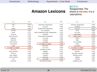 AAAI ’19 CFDA&CLIP Labs!28
Introduction Methodology Experiments — Case Study Conclusions
Amazon Lexicons
Disappointed. The
phone is not new, it is a
used phone.
 