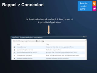 Réunion
Rappel > Connexion                                        du club
                                                          UGSF



          Le Service des Métadonnées doit être connecté
                      à votre WebApplication
 