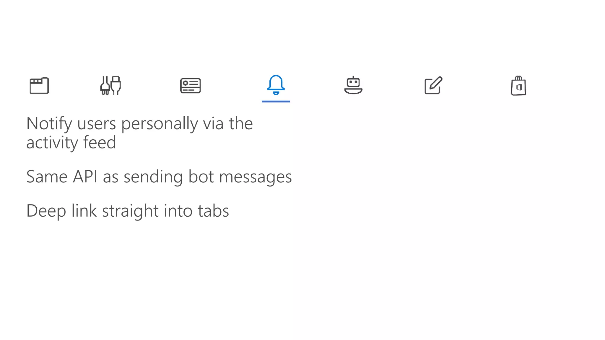 Notify users personally via the
activity feed
Same API as sending bot messages
Deep link straight into tabs