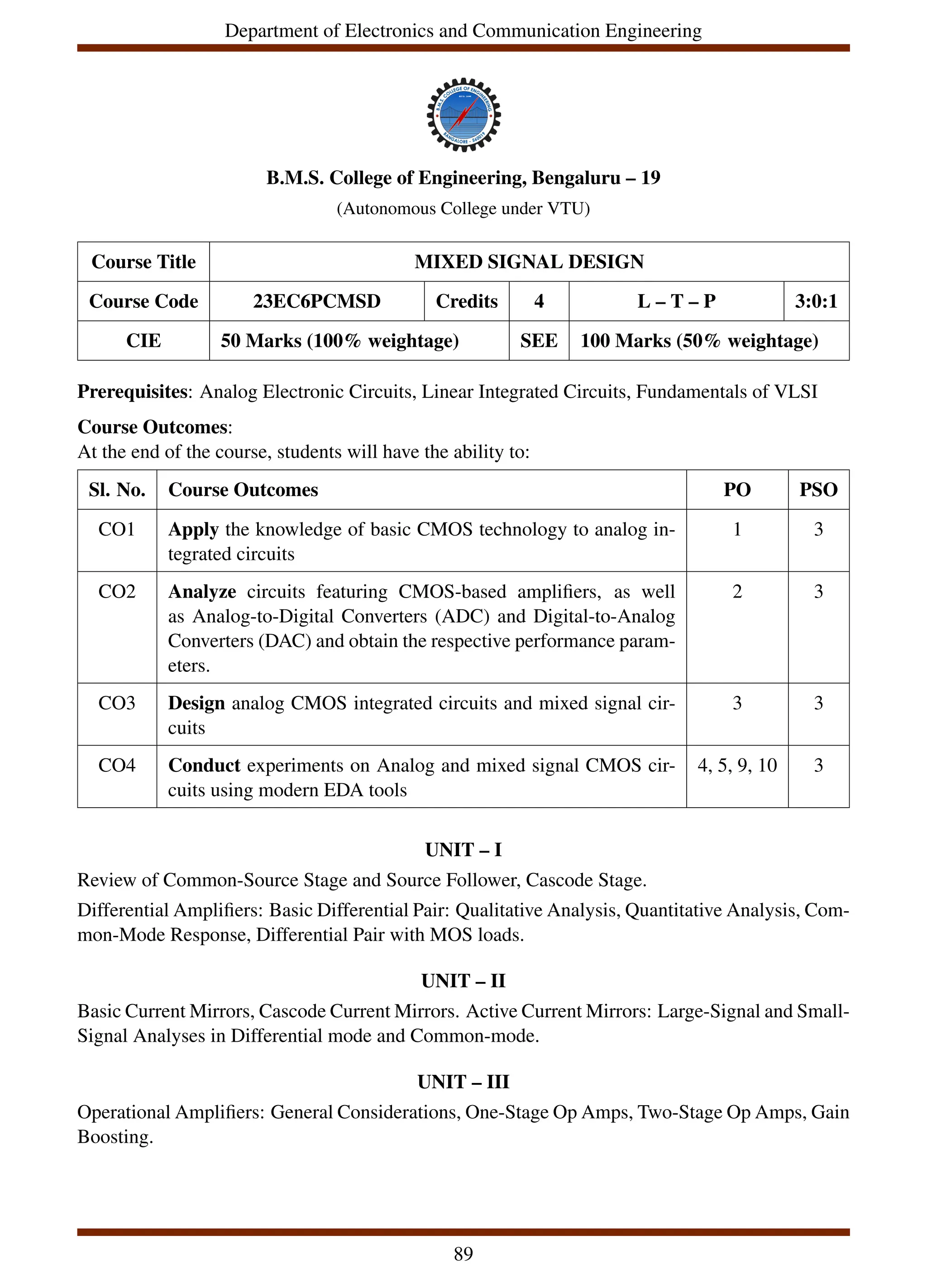 Department of Electronics and Communication Engineering
B.M.S. College of Engineering, Bengaluru – 19
(Autonomous College under VTU)
Course Title MIXED SIGNAL DESIGN
Course Code 23EC6PCMSD Credits 4 L – T – P 3:0:1
CIE 50 Marks (100% weightage) SEE 100 Marks (50% weightage)
Prerequisites: Analog Electronic Circuits, Linear Integrated Circuits, Fundamentals of VLSI
Course Outcomes:
At the end of the course, students will have the ability to:
Sl. No. Course Outcomes PO PSO
CO1 Apply the knowledge of basic CMOS technology to analog in-
tegrated circuits
1 3
CO2 Analyze circuits featuring CMOS-based amplifiers, as well
as Analog-to-Digital Converters (ADC) and Digital-to-Analog
Converters (DAC) and obtain the respective performance param-
eters.
2 3
CO3 Design analog CMOS integrated circuits and mixed signal cir-
cuits
3 3
CO4 Conduct experiments on Analog and mixed signal CMOS cir-
cuits using modern EDA tools
4, 5, 9, 10 3
UNIT – I
Review of Common-Source Stage and Source Follower, Cascode Stage.
Differential Amplifiers: Basic Differential Pair: Qualitative Analysis, Quantitative Analysis, Com-
mon-Mode Response, Differential Pair with MOS loads.
UNIT – II
Basic Current Mirrors, Cascode Current Mirrors. Active Current Mirrors: Large-Signal and Small-
Signal Analyses in Differential mode and Common-mode.
UNIT – III
Operational Amplifiers: General Considerations, One-Stage Op Amps, Two-Stage Op Amps, Gain
Boosting.
89
 