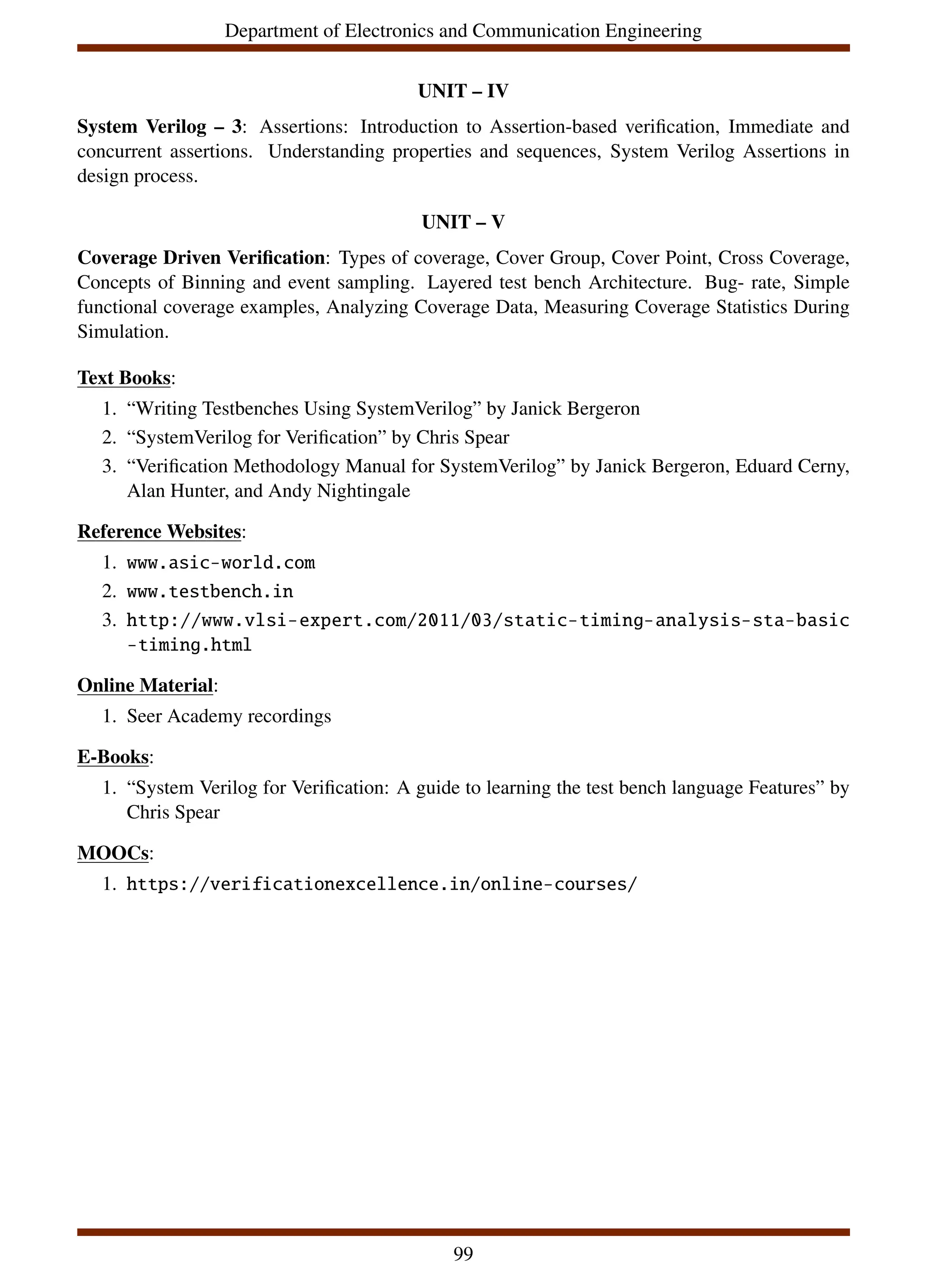 Department of Electronics and Communication Engineering
UNIT – IV
System Verilog – 3: Assertions: Introduction to Assertion-based verification, Immediate and
concurrent assertions. Understanding properties and sequences, System Verilog Assertions in
design process.
UNIT – V
Coverage Driven Verification: Types of coverage, Cover Group, Cover Point, Cross Coverage,
Concepts of Binning and event sampling. Layered test bench Architecture. Bug- rate, Simple
functional coverage examples, Analyzing Coverage Data, Measuring Coverage Statistics During
Simulation.
Text Books:
1. “Writing Testbenches Using SystemVerilog” by Janick Bergeron
2. “SystemVerilog for Verification” by Chris Spear
3. “Verification Methodology Manual for SystemVerilog” by Janick Bergeron, Eduard Cerny,
Alan Hunter, and Andy Nightingale
Reference Websites:
1. www.asic-world.com
2. www.testbench.in
3. http://www.vlsi-expert.com/2011/03/static-timing-analysis-sta-basic
-timing.html
Online Material:
1. Seer Academy recordings
E-Books:
1. “System Verilog for Verification: A guide to learning the test bench language Features” by
Chris Spear
MOOCs:
1. https://verificationexcellence.in/online-courses/
99
 