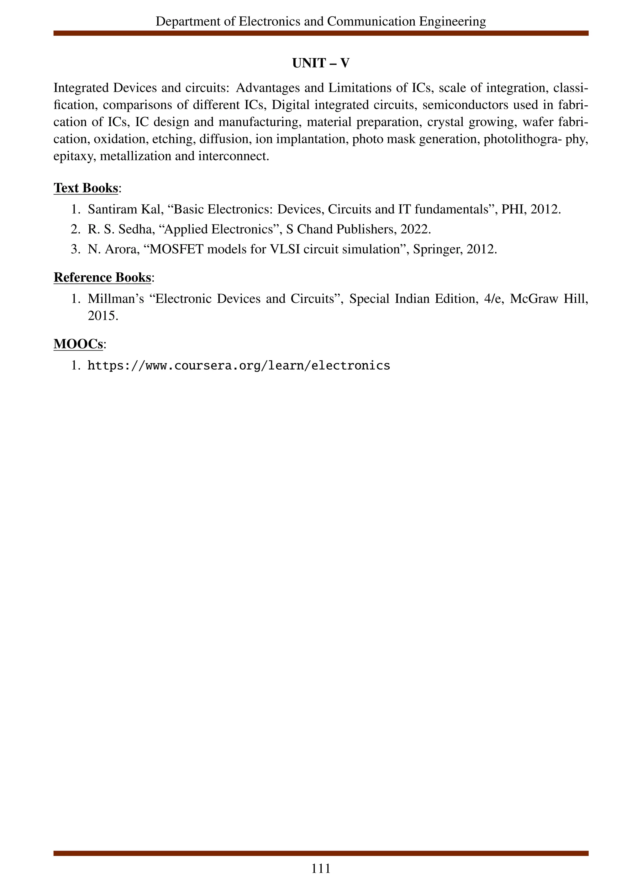 Department of Electronics and Communication Engineering
UNIT – V
Integrated Devices and circuits: Advantages and Limitations of ICs, scale of integration, classi-
fication, comparisons of different ICs, Digital integrated circuits, semiconductors used in fabri-
cation of ICs, IC design and manufacturing, material preparation, crystal growing, wafer fabri-
cation, oxidation, etching, diffusion, ion implantation, photo mask generation, photolithogra- phy,
epitaxy, metallization and interconnect.
Text Books:
1. Santiram Kal, “Basic Electronics: Devices, Circuits and IT fundamentals”, PHI, 2012.
2. R. S. Sedha, “Applied Electronics”, S Chand Publishers, 2022.
3. N. Arora, “MOSFET models for VLSI circuit simulation”, Springer, 2012.
Reference Books:
1. Millman’s “Electronic Devices and Circuits”, Special Indian Edition, 4/e, McGraw Hill,
2015.
MOOCs:
1. https://www.coursera.org/learn/electronics
111
 