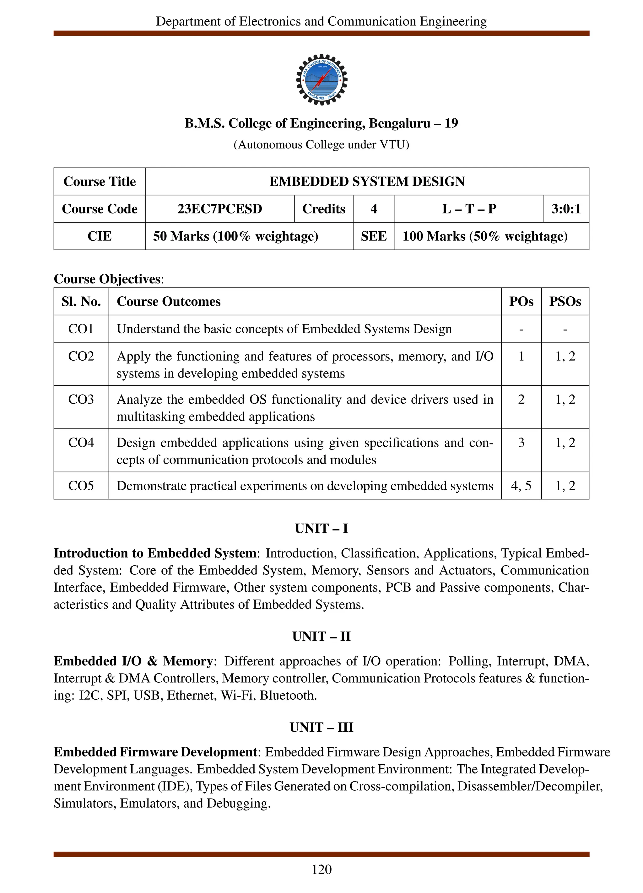 Department of Electronics and Communication Engineering
B.M.S. College of Engineering, Bengaluru – 19
(Autonomous College under VTU)
Course Title EMBEDDED SYSTEM DESIGN
Course Code 23EC7PCESD Credits 4 L – T – P 3:0:1
CIE 50 Marks (100% weightage) SEE 100 Marks (50% weightage)
Course Objectives:
Sl. No. Course Outcomes POs PSOs
CO1 Understand the basic concepts of Embedded Systems Design - -
CO2 Apply the functioning and features of processors, memory, and I/O
systems in developing embedded systems
1 1, 2
CO3 Analyze the embedded OS functionality and device drivers used in
multitasking embedded applications
2 1, 2
CO4 Design embedded applications using given specifications and con-
cepts of communication protocols and modules
3 1, 2
CO5 Demonstrate practical experiments on developing embedded systems 4, 5 1, 2
UNIT – I
Introduction to Embedded System: Introduction, Classification, Applications, Typical Embed-
ded System: Core of the Embedded System, Memory, Sensors and Actuators, Communication
Interface, Embedded Firmware, Other system components, PCB and Passive components, Char-
acteristics and Quality Attributes of Embedded Systems.
UNIT – II
Embedded I/O & Memory: Different approaches of I/O operation: Polling, Interrupt, DMA,
Interrupt & DMA Controllers, Memory controller, Communication Protocols features & function-
ing: I2C, SPI, USB, Ethernet, Wi-Fi, Bluetooth.
UNIT – III
Embedded Firmware Development: Embedded Firmware Design Approaches, Embedded Firmware
Development Languages. Embedded System Development Environment: The Integrated Develop-
ment Environment (IDE), Types of Files Generated on Cross-compilation, Disassembler/Decompiler,
Simulators, Emulators, and Debugging.
120
 