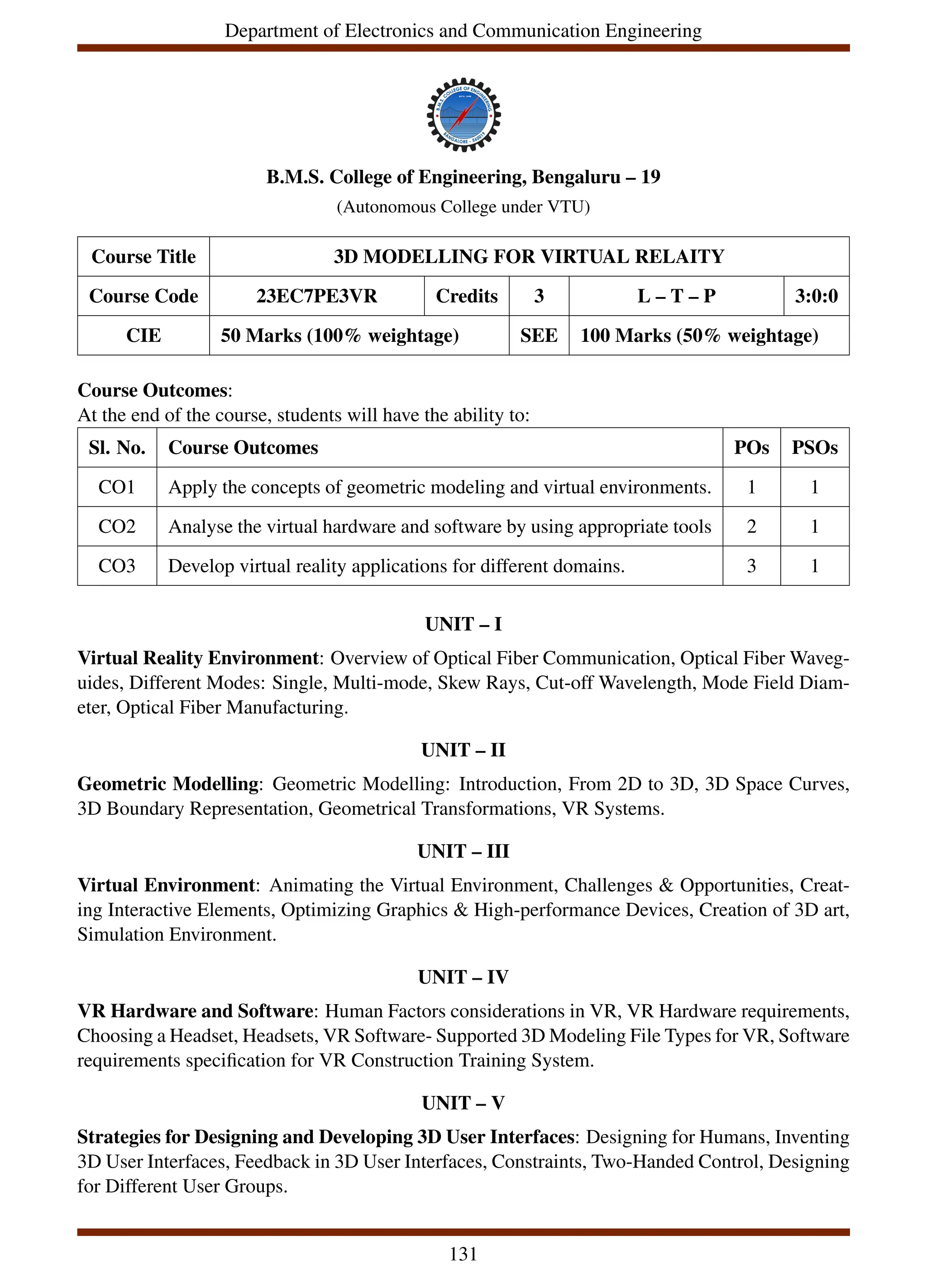 Department of Electronics and Communication Engineering
B.M.S. College of Engineering, Bengaluru – 19
(Autonomous College under VTU)
Course Title 3D MODELLING FOR VIRTUAL RELAITY
Course Code 23EC7PE3VR Credits 3 L – T – P 3:0:0
CIE 50 Marks (100% weightage) SEE 100 Marks (50% weightage)
Course Outcomes:
At the end of the course, students will have the ability to:
Sl. No. Course Outcomes POs PSOs
CO1 Apply the concepts of geometric modeling and virtual environments. 1 1
CO2 Analyse the virtual hardware and software by using appropriate tools 2 1
CO3 Develop virtual reality applications for different domains. 3 1
UNIT – I
Virtual Reality Environment: Overview of Optical Fiber Communication, Optical Fiber Waveg-
uides, Different Modes: Single, Multi-mode, Skew Rays, Cut-off Wavelength, Mode Field Diam-
eter, Optical Fiber Manufacturing.
UNIT – II
Geometric Modelling: Geometric Modelling: Introduction, From 2D to 3D, 3D Space Curves,
3D Boundary Representation, Geometrical Transformations, VR Systems.
UNIT – III
Virtual Environment: Animating the Virtual Environment, Challenges & Opportunities, Creat-
ing Interactive Elements, Optimizing Graphics & High-performance Devices, Creation of 3D art,
Simulation Environment.
UNIT – IV
VR Hardware and Software: Human Factors considerations in VR, VR Hardware requirements,
Choosing a Headset, Headsets, VR Software- Supported 3D Modeling File Types for VR, Software
requirements specification for VR Construction Training System.
UNIT – V
Strategies for Designing and Developing 3D User Interfaces: Designing for Humans, Inventing
3D User Interfaces, Feedback in 3D User Interfaces, Constraints, Two-Handed Control, Designing
for Different User Groups.
131
 