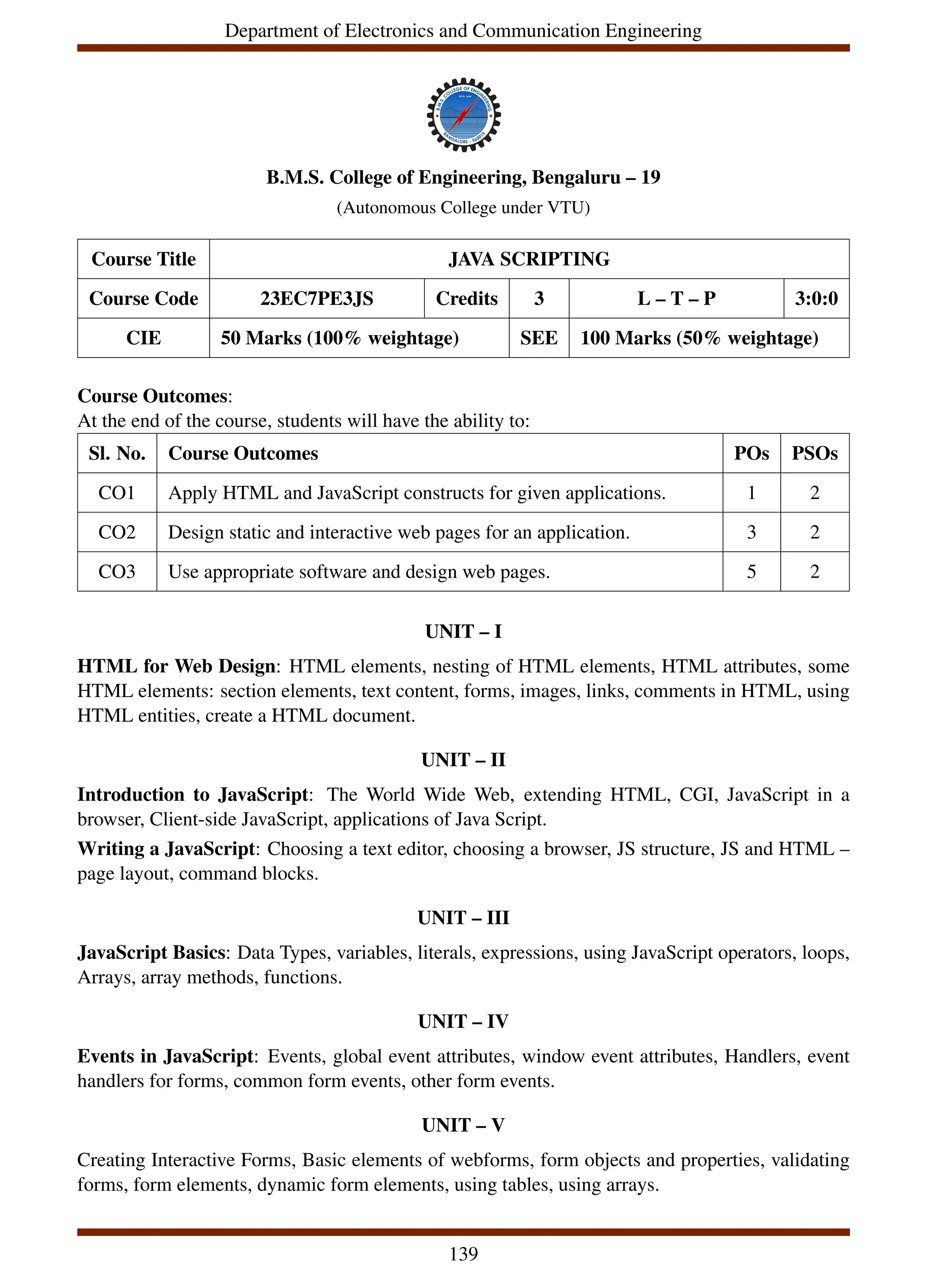 Department of Electronics and Communication Engineering
B.M.S. College of Engineering, Bengaluru – 19
(Autonomous College under VTU)
Course Title JAVA SCRIPTING
Course Code 23EC7PE3JS Credits 3 L – T – P 3:0:0
CIE 50 Marks (100% weightage) SEE 100 Marks (50% weightage)
Course Outcomes:
At the end of the course, students will have the ability to:
Sl. No. Course Outcomes POs PSOs
CO1 Apply HTML and JavaScript constructs for given applications. 1 2
CO2 Design static and interactive web pages for an application. 3 2
CO3 Use appropriate software and design web pages. 5 2
UNIT – I
HTML for Web Design: HTML elements, nesting of HTML elements, HTML attributes, some
HTML elements: section elements, text content, forms, images, links, comments in HTML, using
HTML entities, create a HTML document.
UNIT – II
Introduction to JavaScript: The World Wide Web, extending HTML, CGI, JavaScript in a
browser, Client-side JavaScript, applications of Java Script.
Writing a JavaScript: Choosing a text editor, choosing a browser, JS structure, JS and HTML –
page layout, command blocks.
UNIT – III
JavaScript Basics: Data Types, variables, literals, expressions, using JavaScript operators, loops,
Arrays, array methods, functions.
UNIT – IV
Events in JavaScript: Events, global event attributes, window event attributes, Handlers, event
handlers for forms, common form events, other form events.
UNIT – V
Creating Interactive Forms, Basic elements of webforms, form objects and properties, validating
forms, form elements, dynamic form elements, using tables, using arrays.
139
 