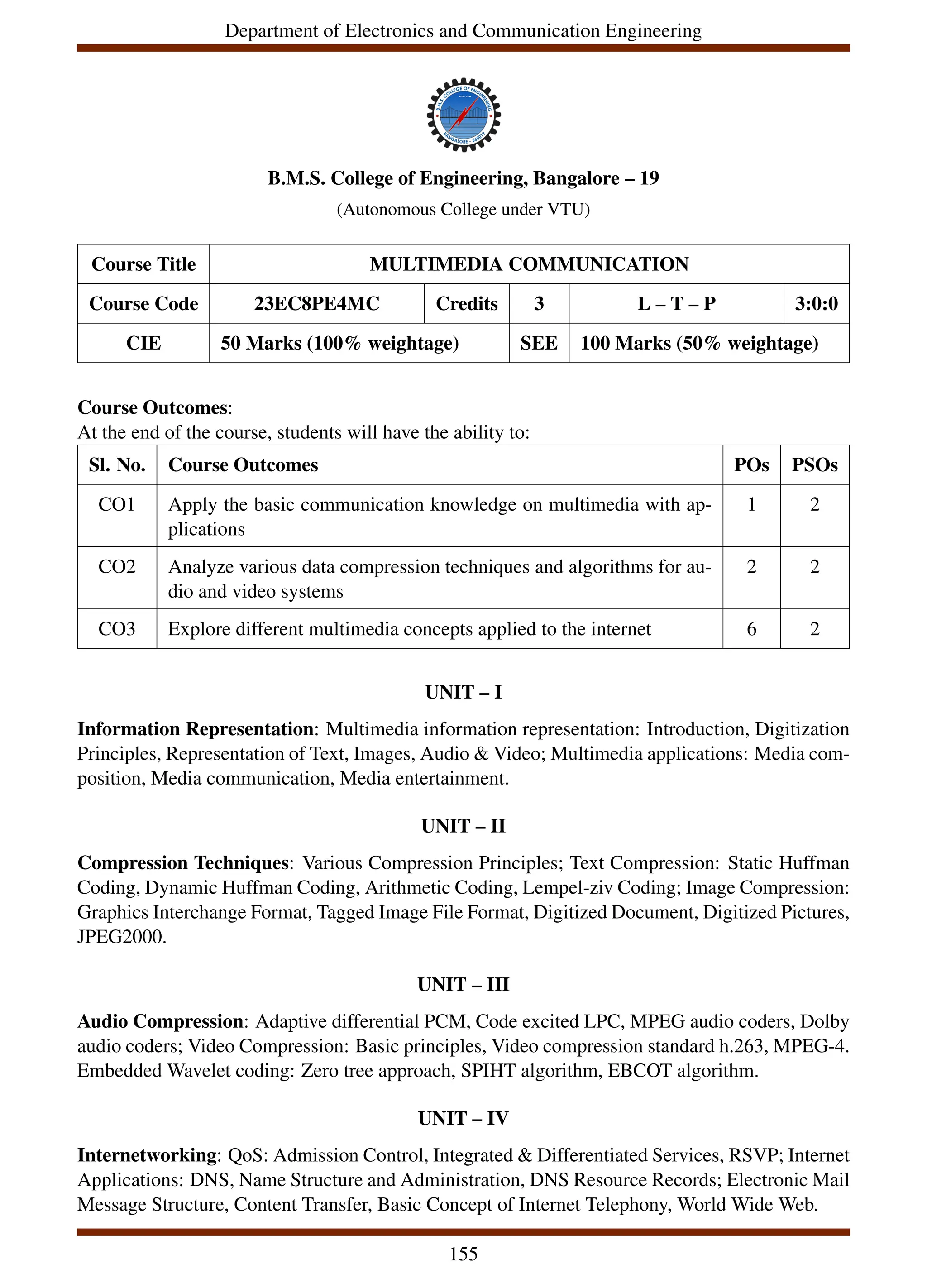 Department of Electronics and Communication Engineering
B.M.S. College of Engineering, Bangalore – 19
(Autonomous College under VTU)
Course Title MULTIMEDIA COMMUNICATION
Course Code 23EC8PE4MC Credits 3 L – T – P 3:0:0
CIE 50 Marks (100% weightage) SEE 100 Marks (50% weightage)
Course Outcomes:
At the end of the course, students will have the ability to:
Sl. No. Course Outcomes POs PSOs
CO1 Apply the basic communication knowledge on multimedia with ap-
plications
1 2
CO2 Analyze various data compression techniques and algorithms for au-
dio and video systems
2 2
CO3 Explore different multimedia concepts applied to the internet 6 2
UNIT – I
Information Representation: Multimedia information representation: Introduction, Digitization
Principles, Representation of Text, Images, Audio & Video; Multimedia applications: Media com-
position, Media communication, Media entertainment.
UNIT – II
Compression Techniques: Various Compression Principles; Text Compression: Static Huffman
Coding, Dynamic Huffman Coding, Arithmetic Coding, Lempel-ziv Coding; Image Compression:
Graphics Interchange Format, Tagged Image File Format, Digitized Document, Digitized Pictures,
JPEG2000.
UNIT – III
Audio Compression: Adaptive differential PCM, Code excited LPC, MPEG audio coders, Dolby
audio coders; Video Compression: Basic principles, Video compression standard h.263, MPEG-4.
Embedded Wavelet coding: Zero tree approach, SPIHT algorithm, EBCOT algorithm.
UNIT – IV
Internetworking: QoS: Admission Control, Integrated & Differentiated Services, RSVP; Internet
Applications: DNS, Name Structure and Administration, DNS Resource Records; Electronic Mail
Message Structure, Content Transfer, Basic Concept of Internet Telephony, World Wide Web.
155
 