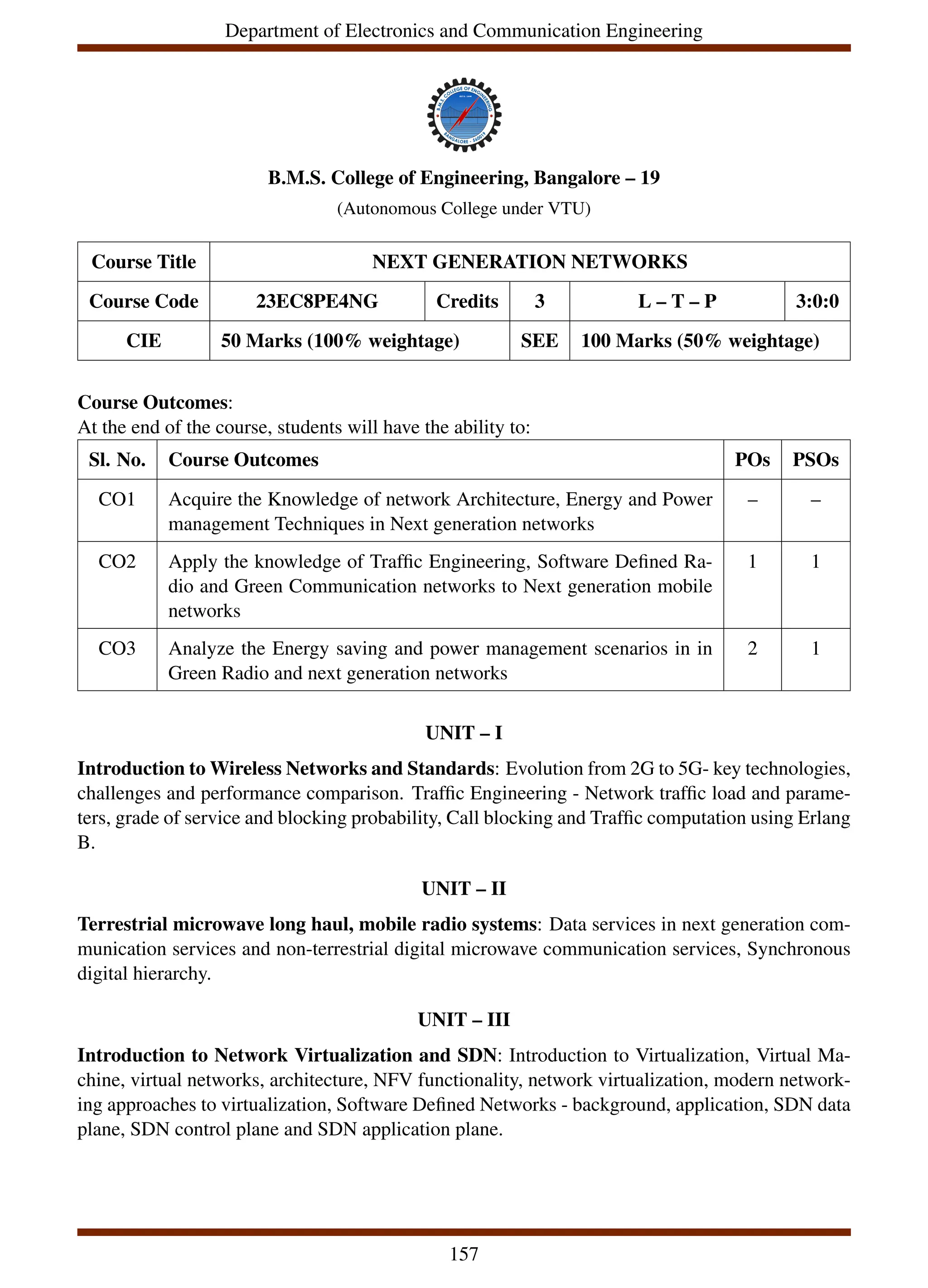 Department of Electronics and Communication Engineering
B.M.S. College of Engineering, Bangalore – 19
(Autonomous College under VTU)
Course Title NEXT GENERATION NETWORKS
Course Code 23EC8PE4NG Credits 3 L – T – P 3:0:0
CIE 50 Marks (100% weightage) SEE 100 Marks (50% weightage)
Course Outcomes:
At the end of the course, students will have the ability to:
Sl. No. Course Outcomes POs PSOs
CO1 Acquire the Knowledge of network Architecture, Energy and Power
management Techniques in Next generation networks
– –
CO2 Apply the knowledge of Traffic Engineering, Software Defined Ra-
dio and Green Communication networks to Next generation mobile
networks
1 1
CO3 Analyze the Energy saving and power management scenarios in in
Green Radio and next generation networks
2 1
UNIT – I
Introduction to Wireless Networks and Standards: Evolution from 2G to 5G- key technologies,
challenges and performance comparison. Traffic Engineering - Network traffic load and parame-
ters, grade of service and blocking probability, Call blocking and Traffic computation using Erlang
B.
UNIT – II
Terrestrial microwave long haul, mobile radio systems: Data services in next generation com-
munication services and non-terrestrial digital microwave communication services, Synchronous
digital hierarchy.
UNIT – III
Introduction to Network Virtualization and SDN: Introduction to Virtualization, Virtual Ma-
chine, virtual networks, architecture, NFV functionality, network virtualization, modern network-
ing approaches to virtualization, Software Defined Networks - background, application, SDN data
plane, SDN control plane and SDN application plane.
157
 