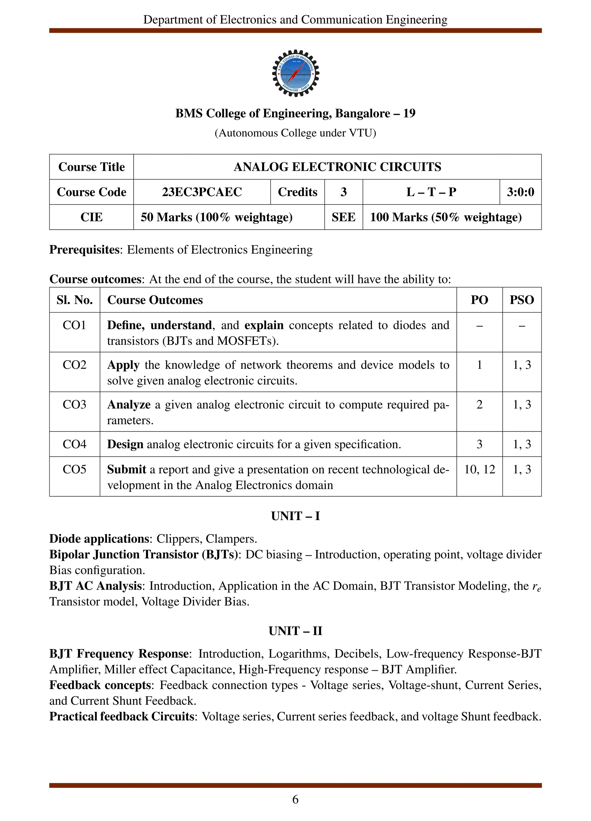 Department of Electronics and Communication Engineering
BMS College of Engineering, Bangalore – 19
(Autonomous College under VTU)
Course Title ANALOG ELECTRONIC CIRCUITS
Course Code 23EC3PCAEC Credits 3 L – T – P 3:0:0
CIE 50 Marks (100% weightage) SEE 100 Marks (50% weightage)
Prerequisites: Elements of Electronics Engineering
Course outcomes: At the end of the course, the student will have the ability to:
Sl. No. Course Outcomes PO PSO
CO1 Define, understand, and explain concepts related to diodes and
transistors (BJTs and MOSFETs).
– –
CO2 Apply the knowledge of network theorems and device models to
solve given analog electronic circuits.
1 1, 3
CO3 Analyze a given analog electronic circuit to compute required pa-
rameters.
2 1, 3
CO4 Design analog electronic circuits for a given specification. 3 1, 3
CO5 Submit a report and give a presentation on recent technological de-
velopment in the Analog Electronics domain
10, 12 1, 3
UNIT – I
Diode applications: Clippers, Clampers.
Bipolar Junction Transistor (BJTs): DC biasing – Introduction, operating point, voltage divider
Bias configuration.
BJT AC Analysis: Introduction, Application in the AC Domain, BJT Transistor Modeling, the re
Transistor model, Voltage Divider Bias.
UNIT – II
BJT Frequency Response: Introduction, Logarithms, Decibels, Low-frequency Response-BJT
Amplifier, Miller effect Capacitance, High-Frequency response – BJT Amplifier.
Feedback concepts: Feedback connection types - Voltage series, Voltage-shunt, Current Series,
and Current Shunt Feedback.
Practical feedback Circuits: Voltage series, Current series feedback, and voltage Shunt feedback.
6
 