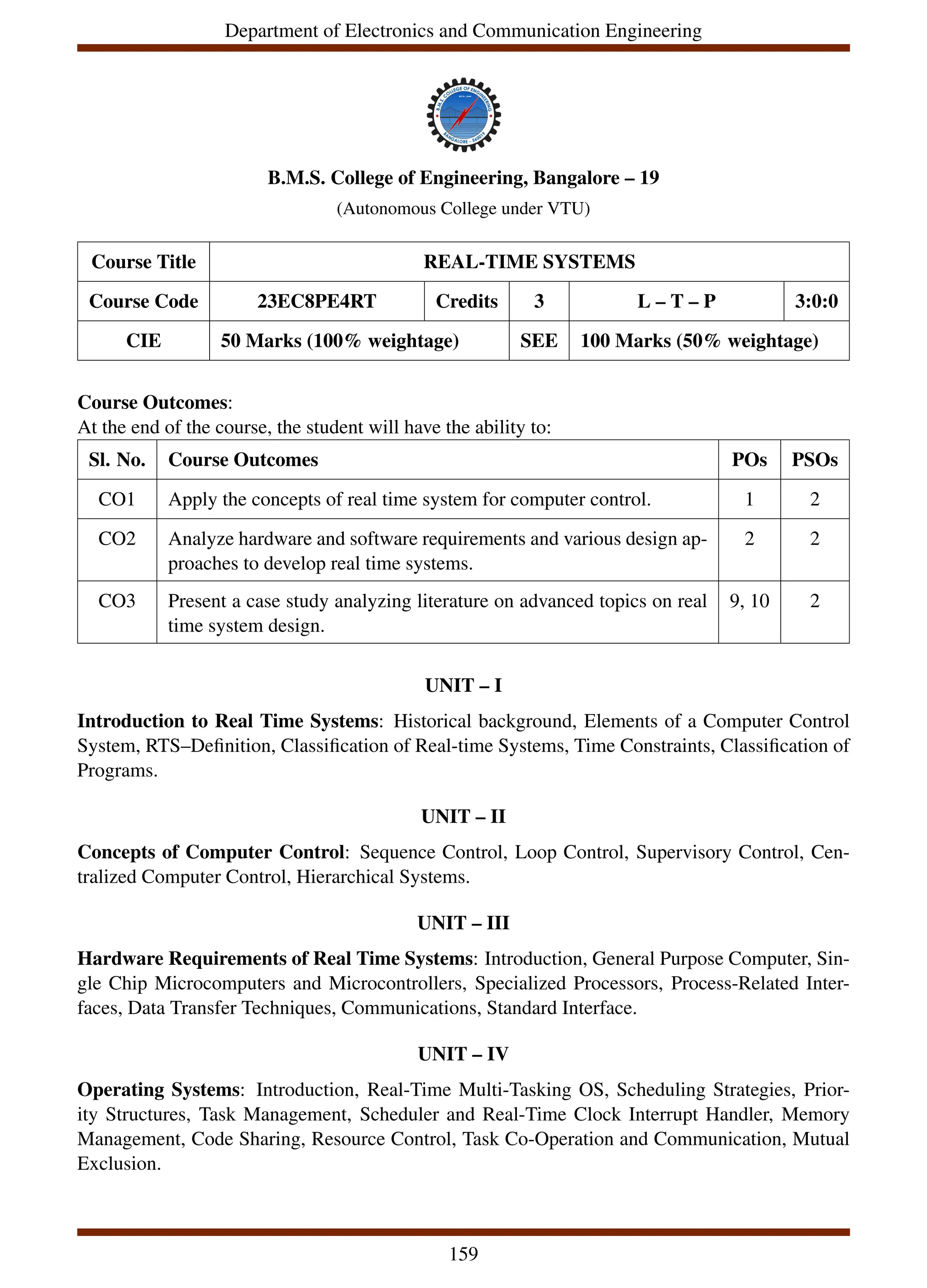 Department of Electronics and Communication Engineering
B.M.S. College of Engineering, Bangalore – 19
(Autonomous College under VTU)
Course Title REAL-TIME SYSTEMS
Course Code 23EC8PE4RT Credits 3 L – T – P 3:0:0
CIE 50 Marks (100% weightage) SEE 100 Marks (50% weightage)
Course Outcomes:
At the end of the course, the student will have the ability to:
Sl. No. Course Outcomes POs PSOs
CO1 Apply the concepts of real time system for computer control. 1 2
CO2 Analyze hardware and software requirements and various design ap-
proaches to develop real time systems.
2 2
CO3 Present a case study analyzing literature on advanced topics on real
time system design.
9, 10 2
UNIT – I
Introduction to Real Time Systems: Historical background, Elements of a Computer Control
System, RTS–Definition, Classification of Real-time Systems, Time Constraints, Classification of
Programs.
UNIT – II
Concepts of Computer Control: Sequence Control, Loop Control, Supervisory Control, Cen-
tralized Computer Control, Hierarchical Systems.
UNIT – III
Hardware Requirements of Real Time Systems: Introduction, General Purpose Computer, Sin-
gle Chip Microcomputers and Microcontrollers, Specialized Processors, Process-Related Inter-
faces, Data Transfer Techniques, Communications, Standard Interface.
UNIT – IV
Operating Systems: Introduction, Real-Time Multi-Tasking OS, Scheduling Strategies, Prior-
ity Structures, Task Management, Scheduler and Real-Time Clock Interrupt Handler, Memory
Management, Code Sharing, Resource Control, Task Co-Operation and Communication, Mutual
Exclusion.
159
 